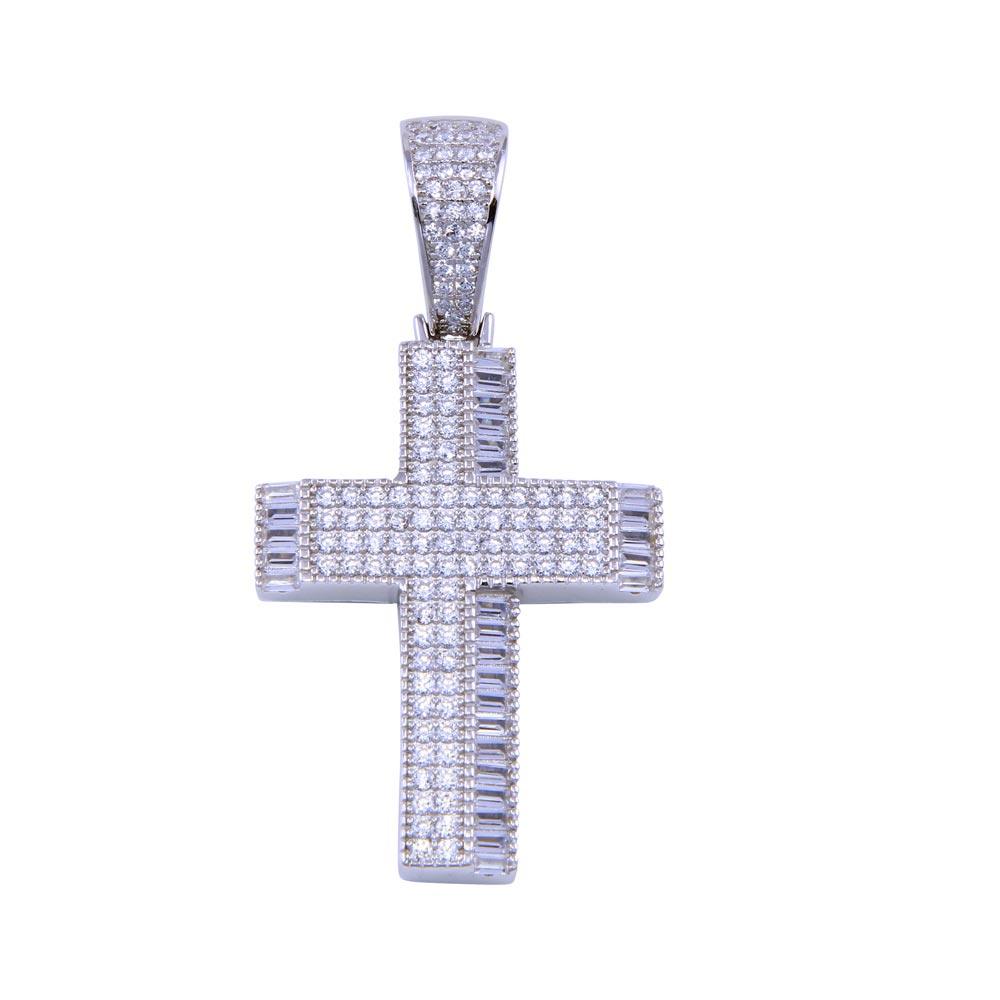 Rhodium Plated 925 Sterling Silver CZ Dual Cross Christian Crucifix Pendant
