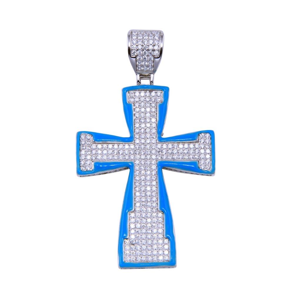 Rhodium Plated 925 Sterling Silver Blue Glow Enamel CZ Cross Christian Pendant