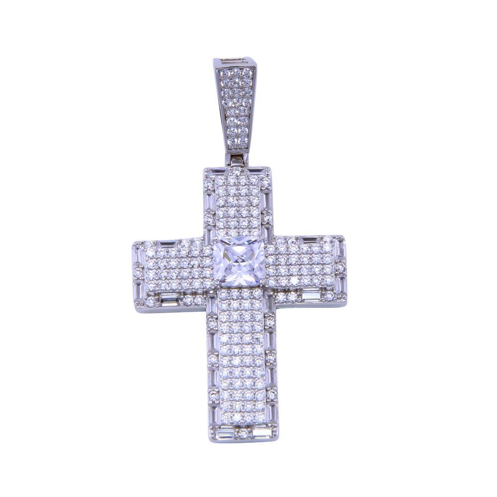 Rhodium Plated 925 Sterling Silver CZ Cross Square Crucifix Christian Pendant