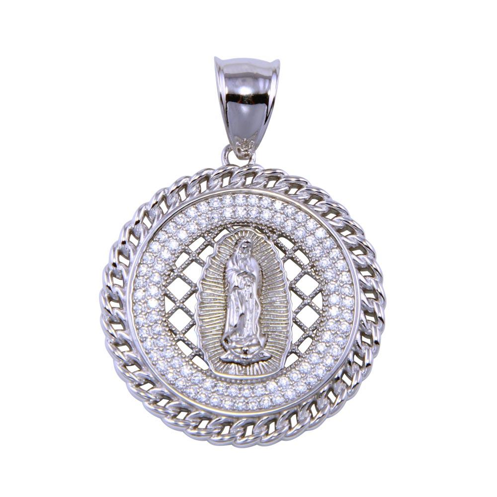 Rhodium Plated 925 Sterling Silver CZ Disc Lady of Guadalupe Catholic Pendant