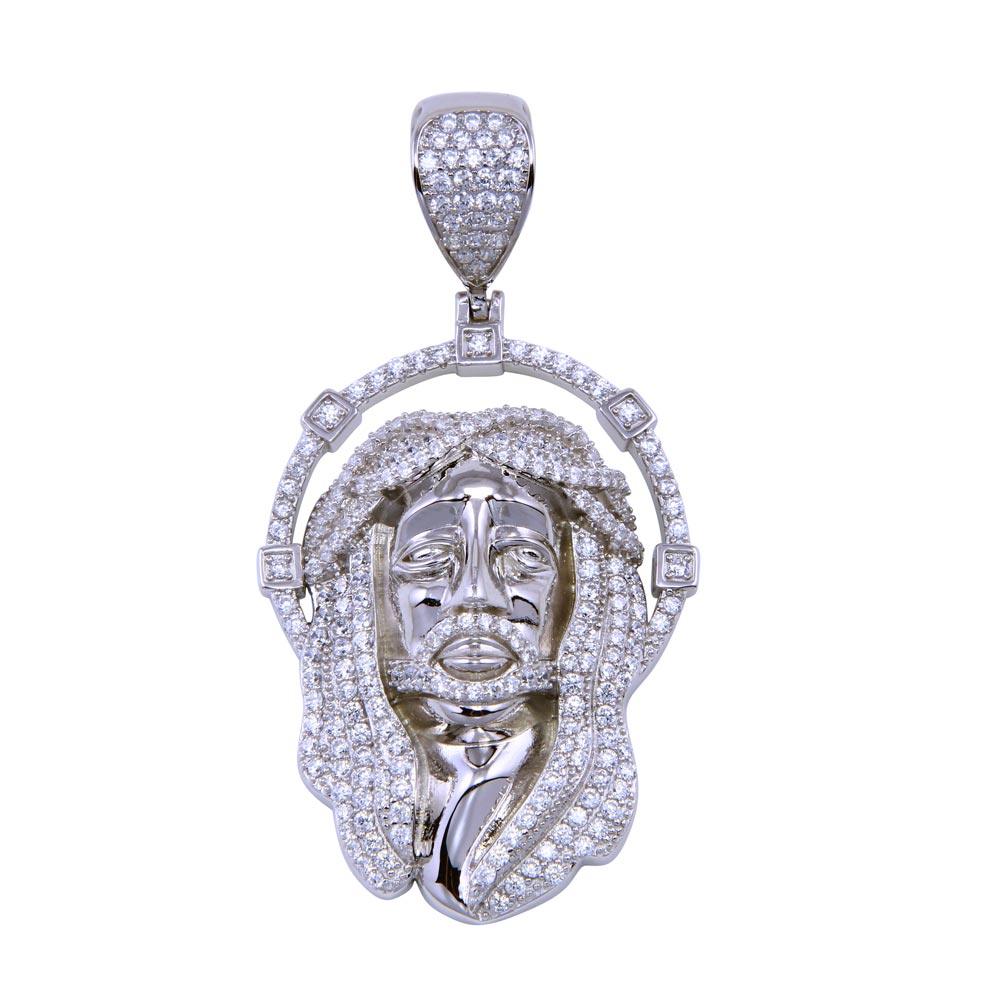 Rhodium Plated 925 Sterling Silver CZ Jesus Christ Christian Cross Crown Pendant