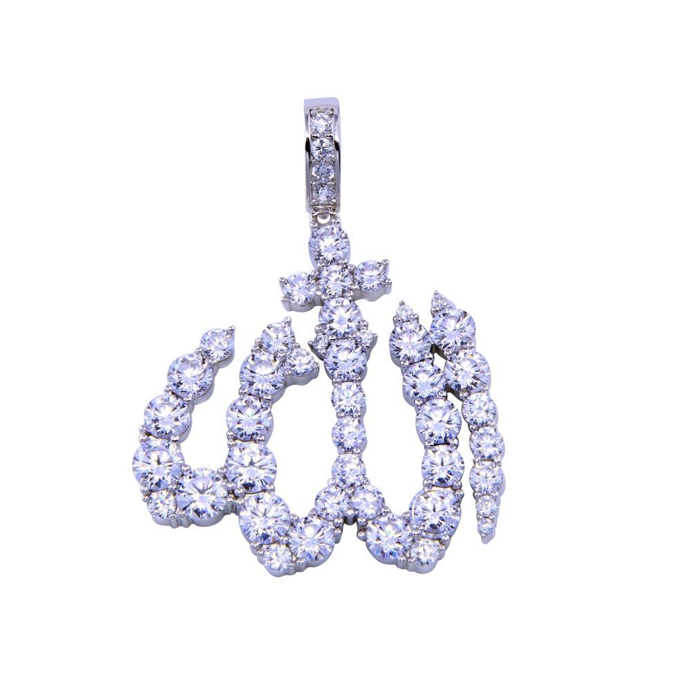 Rhodium Plated 925 Sterling Silver Clear CZ Allah Islam God Religious Pendant