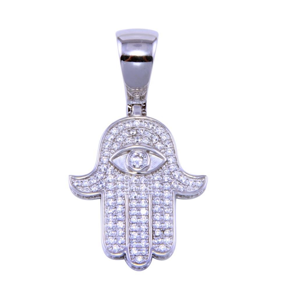 Rhodium Plated 925 Sterling Silver CZ Small Hamsa Evil Eye Hand Peace Pendant