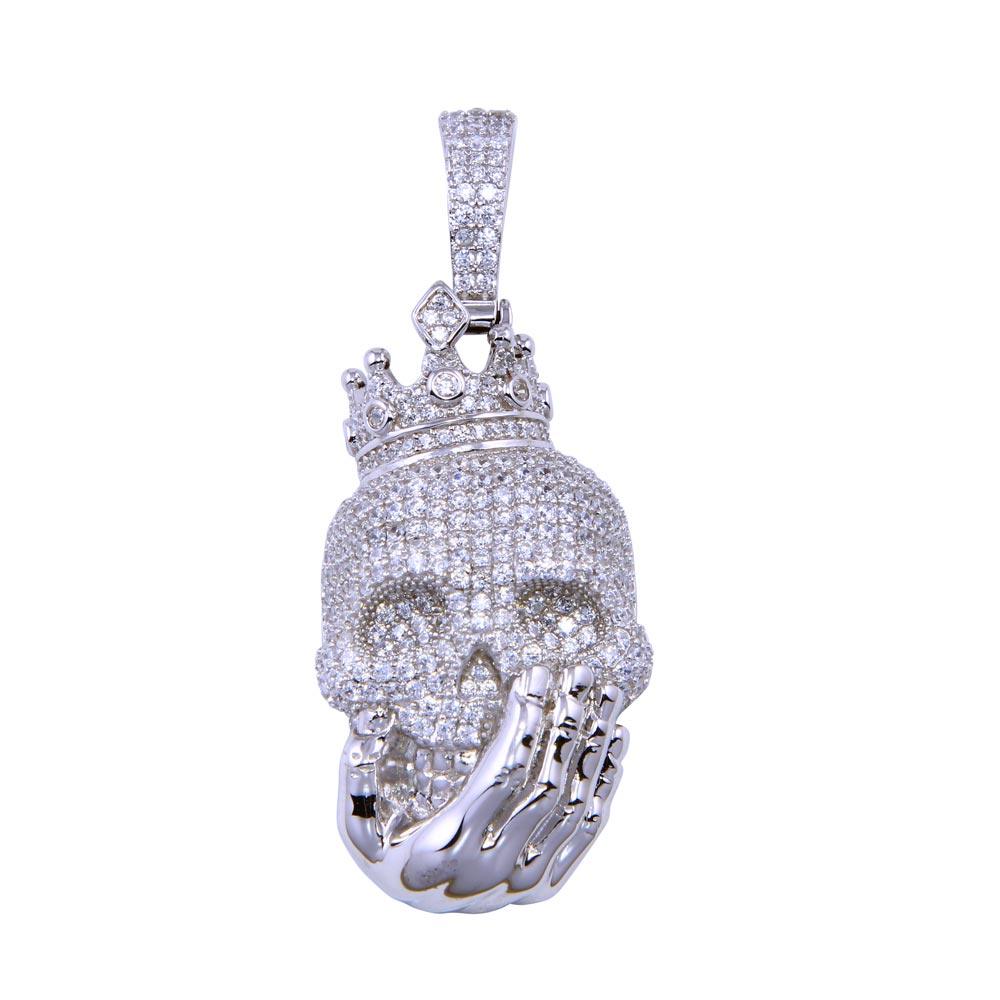 Rhodium Plated 925 Sterling Silver CZ Skull Hand Crown King Death Grim Pendant