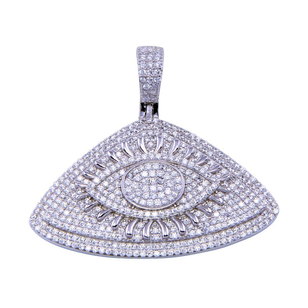 Rhodium Plated 925 Sterling Silver CZ Encrusted Eye All Seeing Clear CZ Pendant