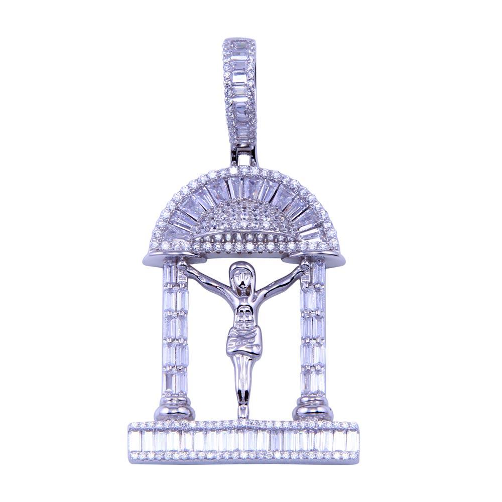 Rhodium Plated 925 Sterling Silver CZ Crucifix Samson Temple Bible Pendant