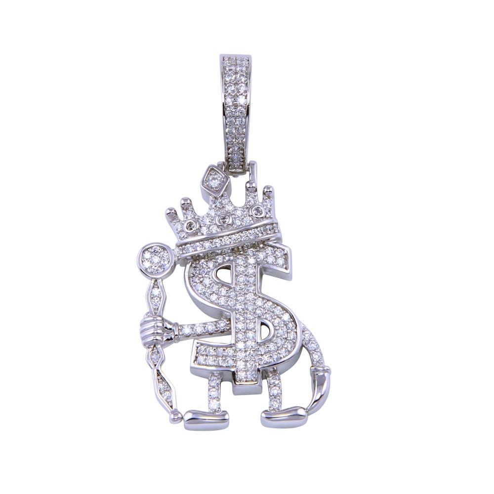 Rhodium Plated 925 Sterling Silver CZ Dollar Crown Staff Money $ King Pendant