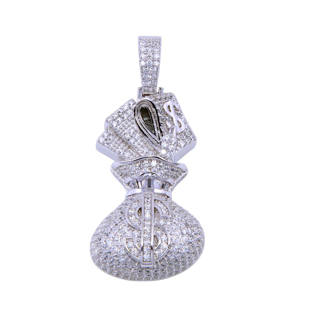 Rhodium Plated 925 Sterling Silver CZ Bag of Cash $ Money Bills Sack Pendant