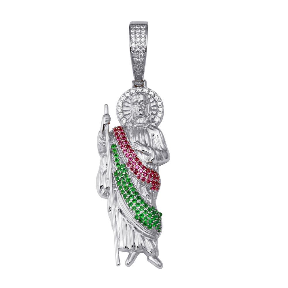 Rhodium Plated 925 Sterling Silver Multi Color CZ Saint Jude Hip Hop Pendant