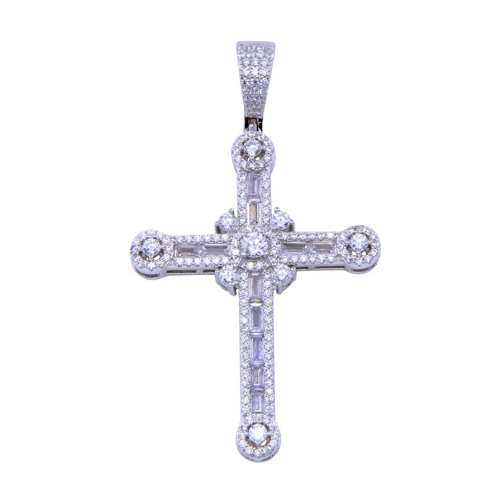 Rhodium Plated 925 Sterling Silver CZ Baguette Cross Knot Christian Pendant