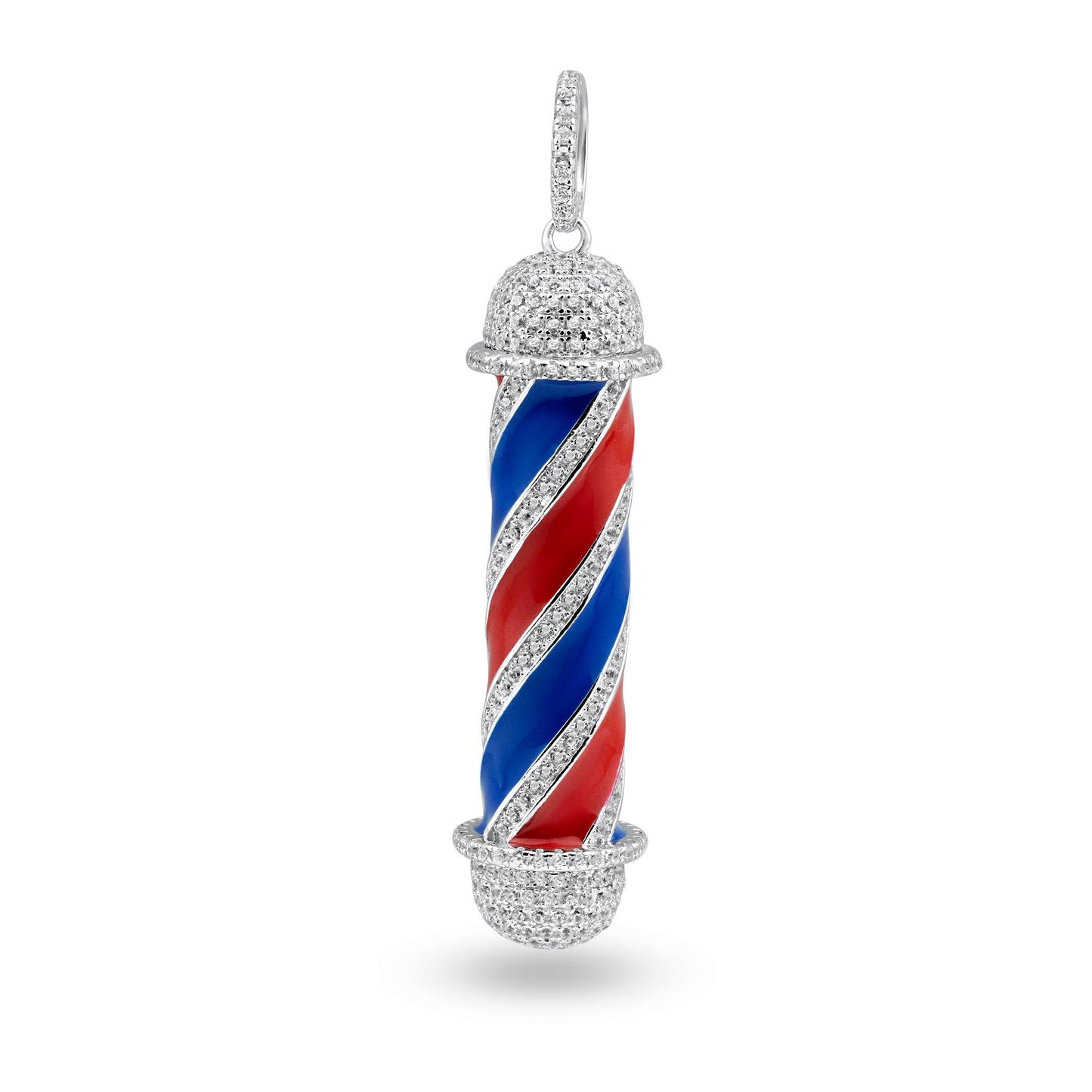 Rhodium Plated 925 Sterling Silver Barber Shop Pole Clear CZ Red Blue Pendant