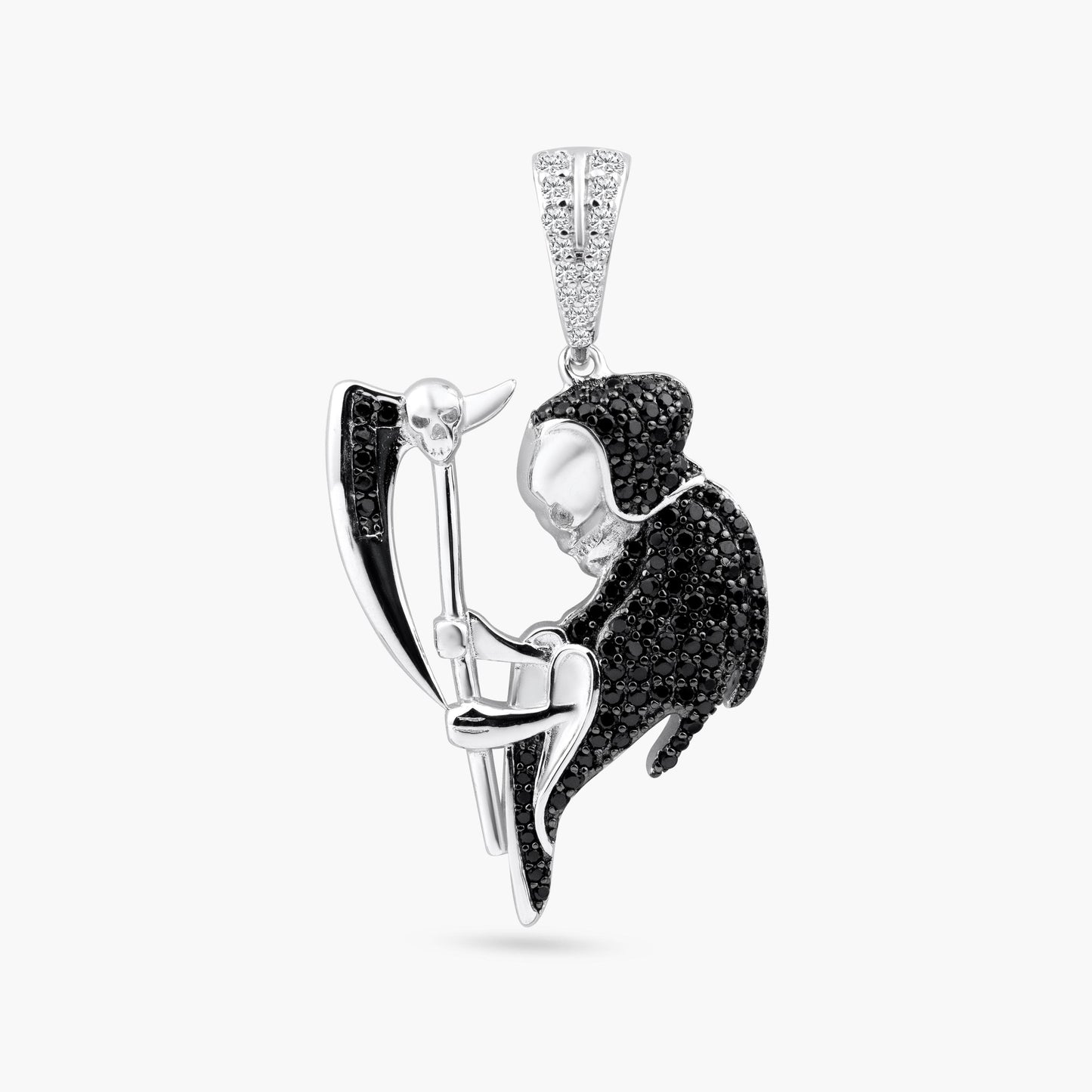 Rhodium Plated 925 Sterling Silver Grim Reaper CZ Death Skull Character Pendant