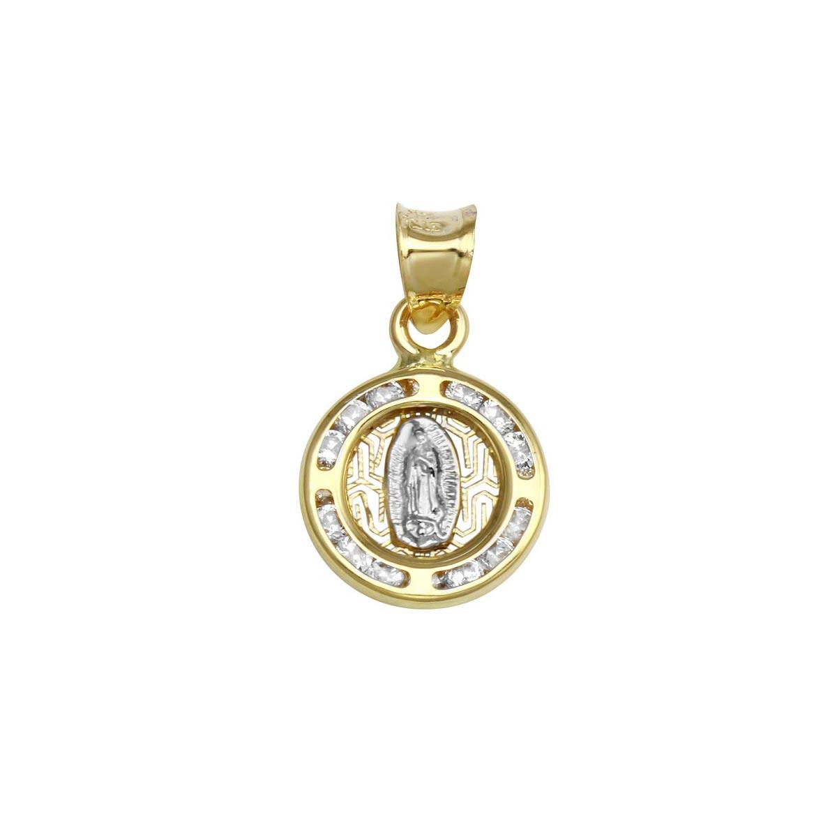 14 Karat Yellow Gold CZ Disc Guadalupe Catholic Saint Christian Pendant