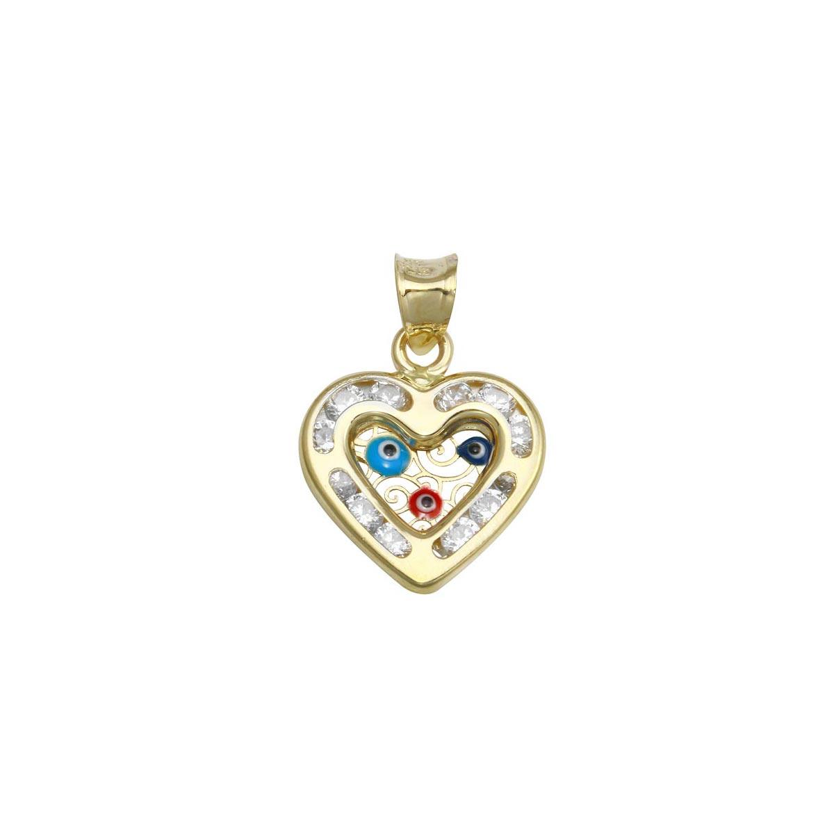 14 Karat Yellow Gold Clear CZ Halo Heart Evil Eyes Promise Charm Pendant