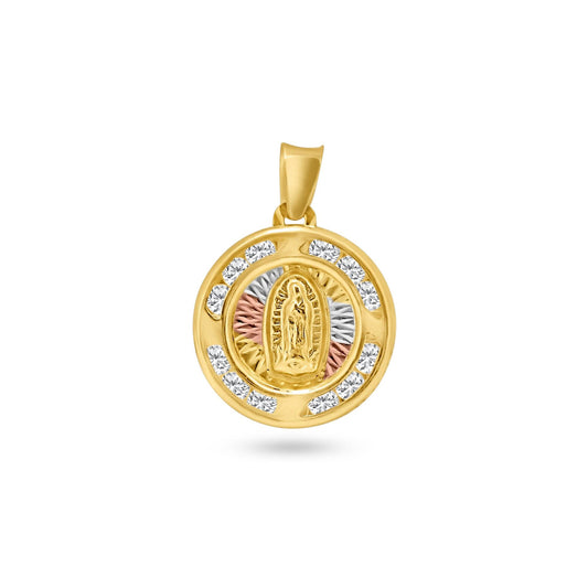 14 Karat Yellow Gold 3 Tone Diamond Cut Clear CZ Guadalupe Pendant