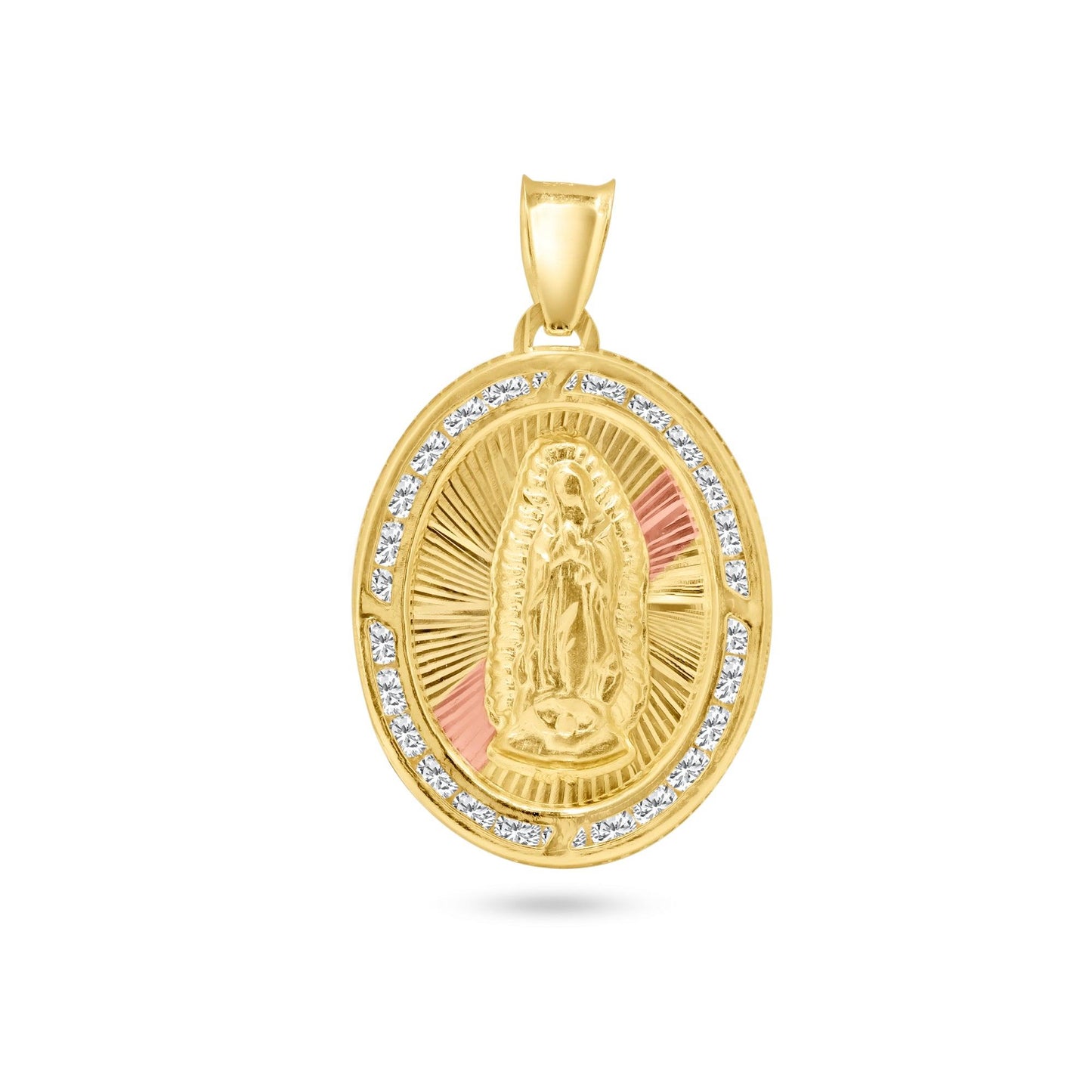 14k Yellow Gold Oval Diamond Cut White CZ Guadalupe Halo Catholic Saint Pendant