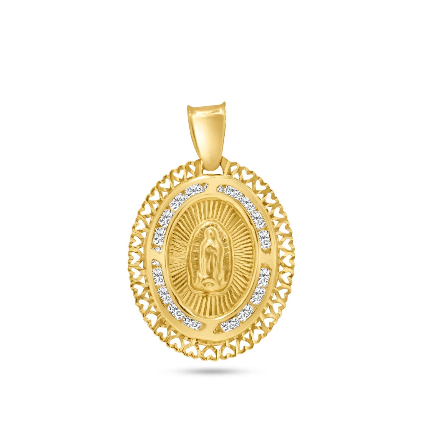 14k Yellow Gold Oval Diamond Cut Filigree Heart Halo Saint CZ Guadalupe Pendant