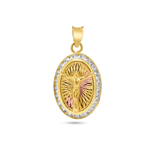 14 Karat Yellow Gold 3 Tone Diamond Cut CZ Jesus Medallion Crucifix Love Pendant