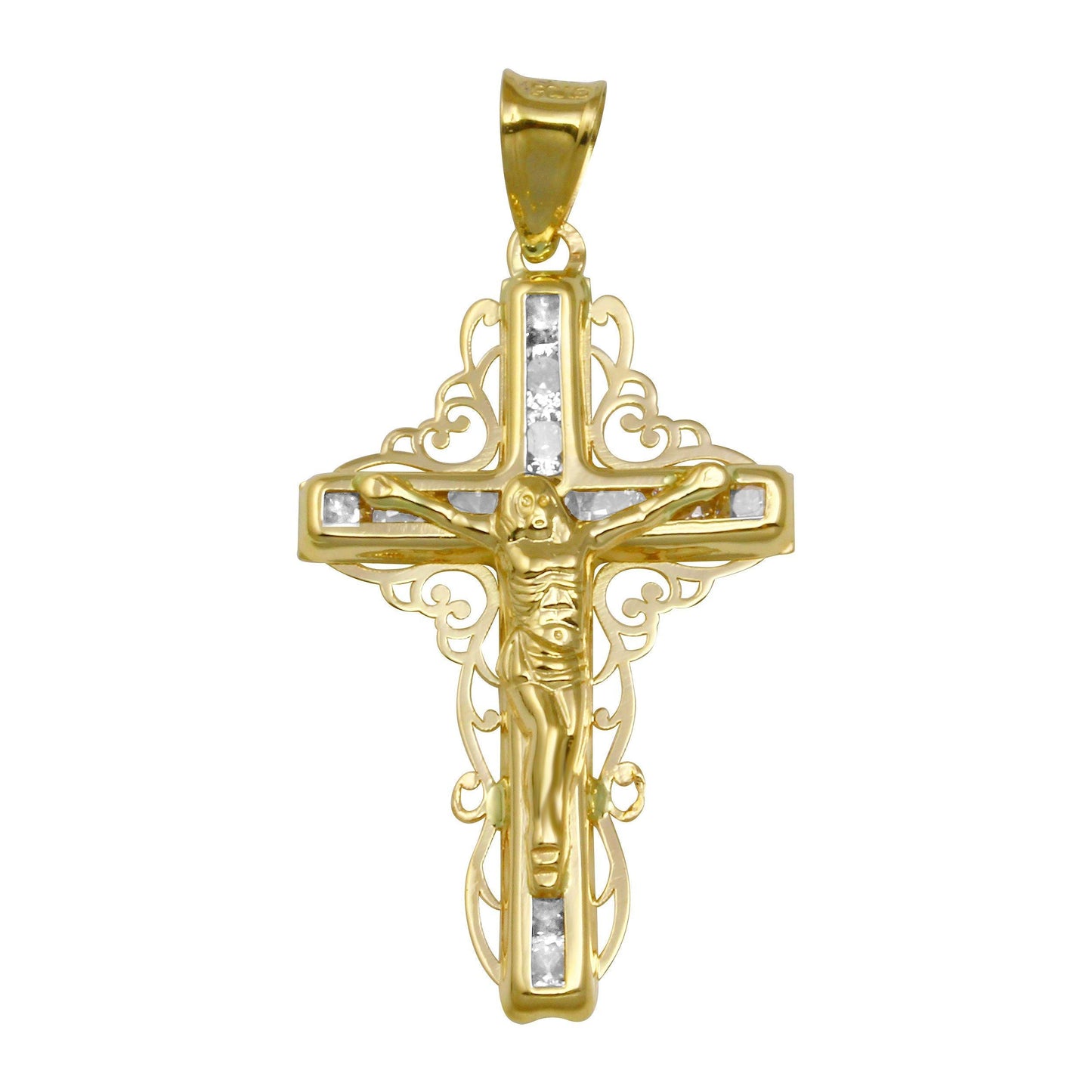 14 Karat Yellow Gold CZ Filigree Cross Christian Crucifix Jesus Pendant