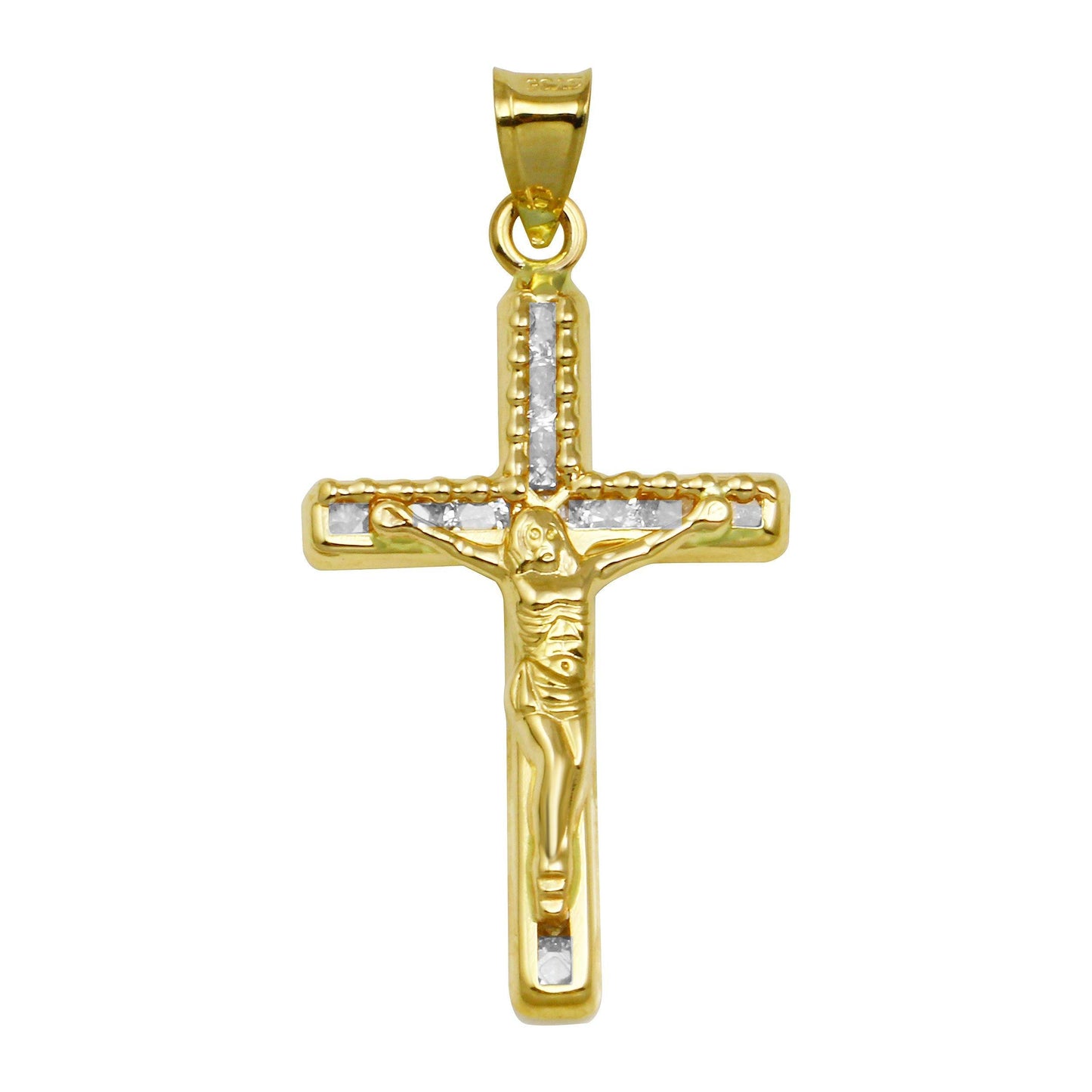 14 Karat Yellow Gold White CZ Cross Jesus Crucifix Christian Catholic Pendant