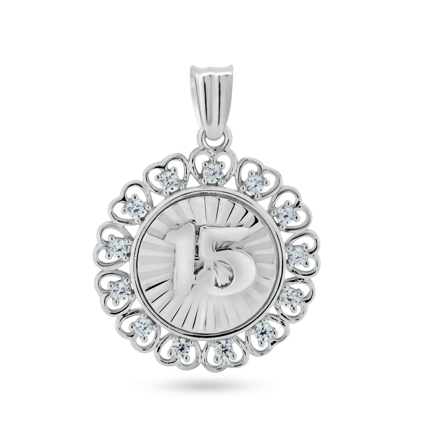 Rhodium Plated 925 Sterling Silver CZ Quinceanera 15 Years Heart Halo Pendant