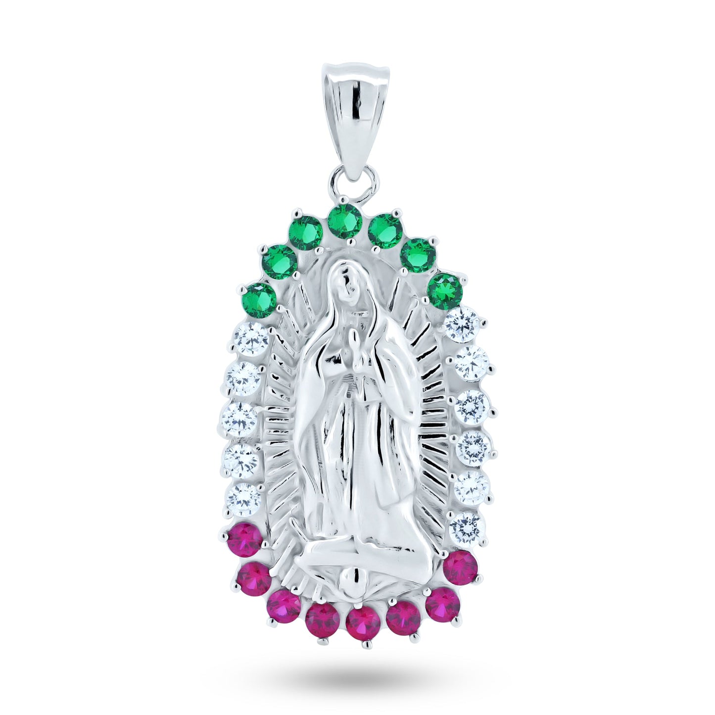Rhodium Plated 925 Sterling Silver CZ Lady of Guadalupe Catholic Saint Pendant