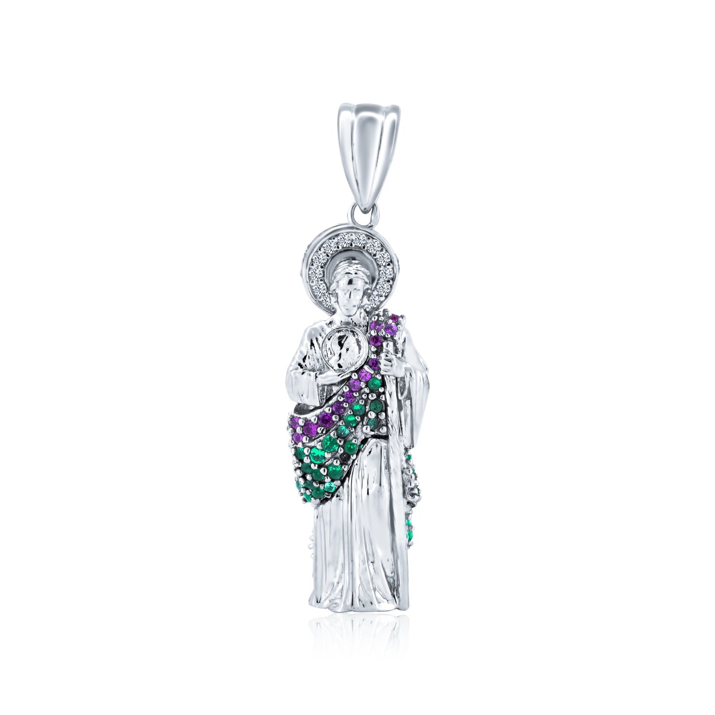 Rhodium Plated 925 Sterling Silver 3 Dimensional Red Green CZ Saint Jude Pendant