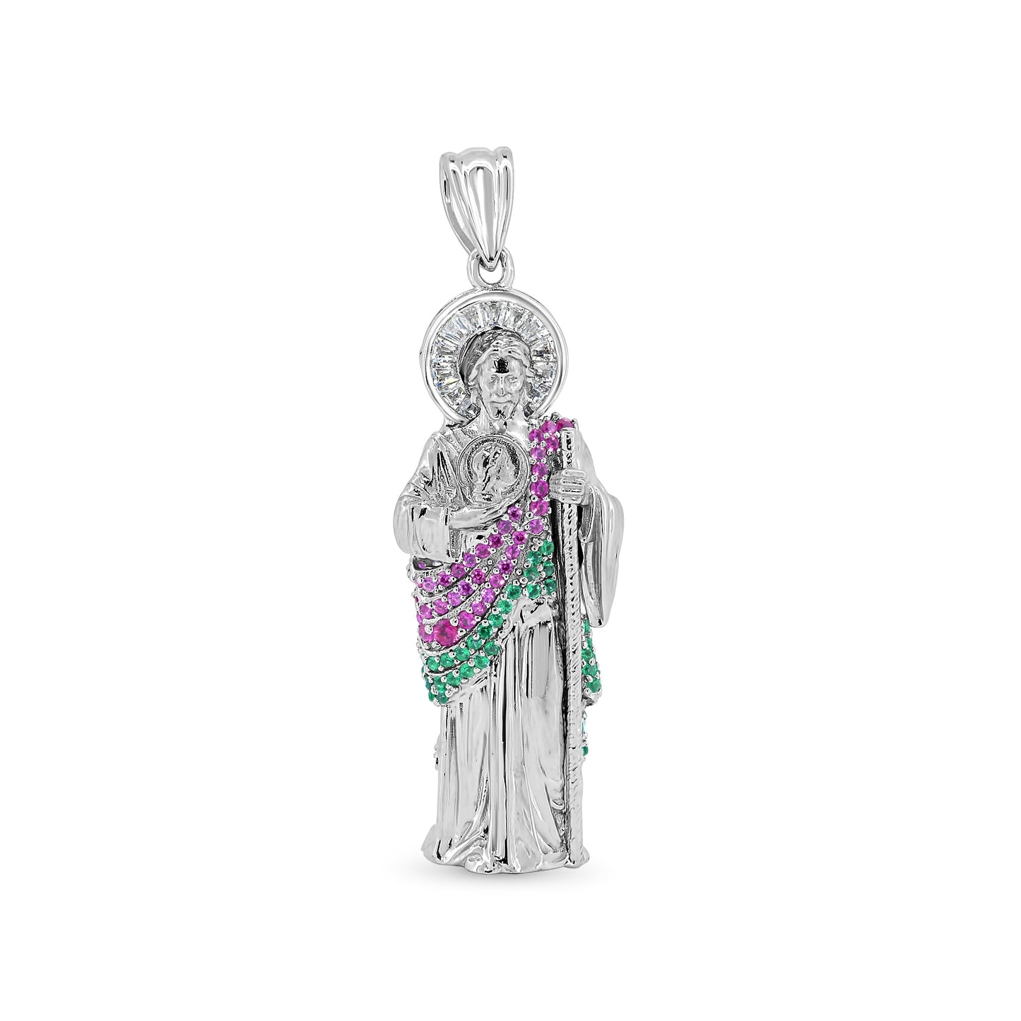 Rhodium Plated 925 Sterling Silver Red Green CZ St Saint Jude Thaddeus Pendant