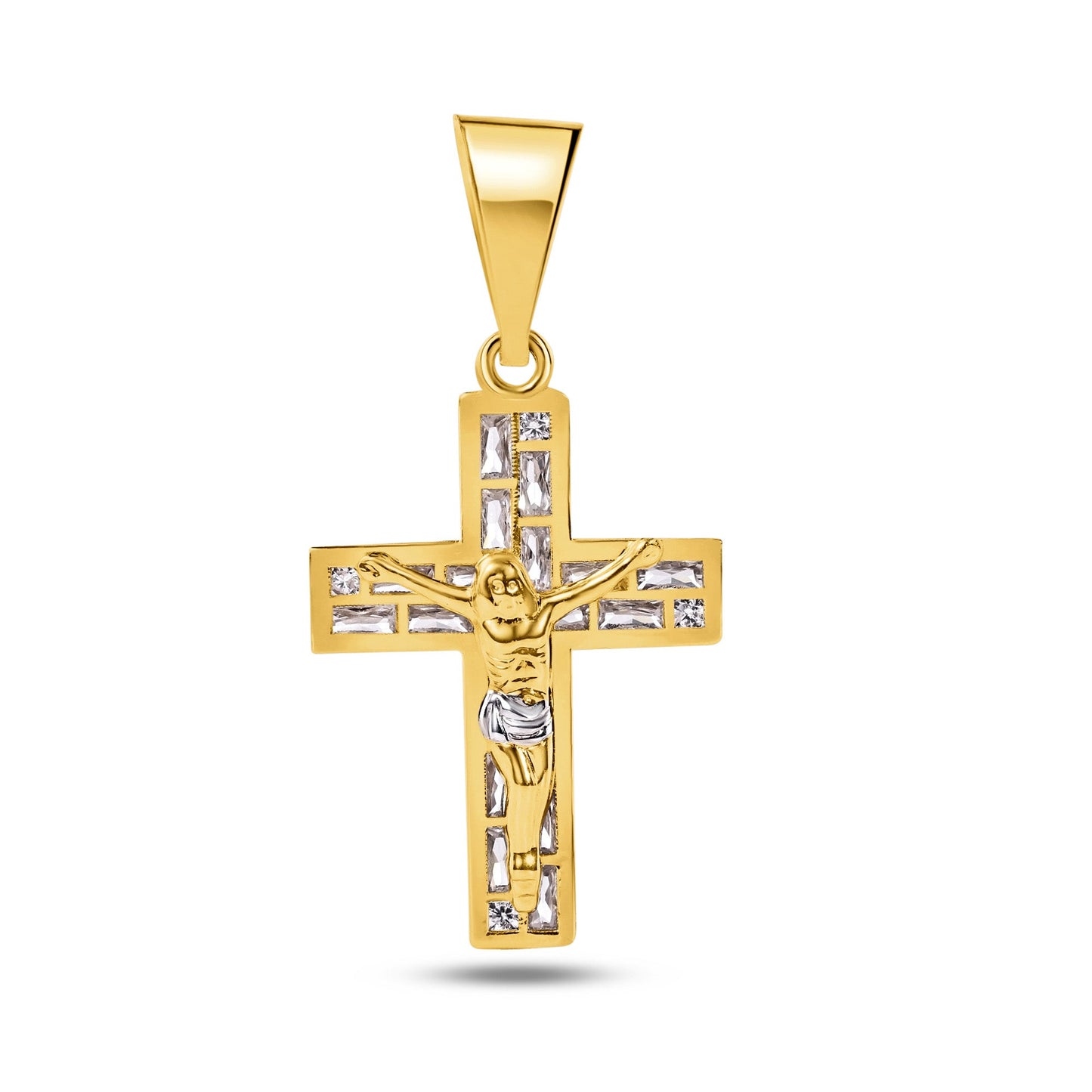 14k Yellow Gold Crucifix Baguette CZ Jesus Cross Catholic Christian Pendant