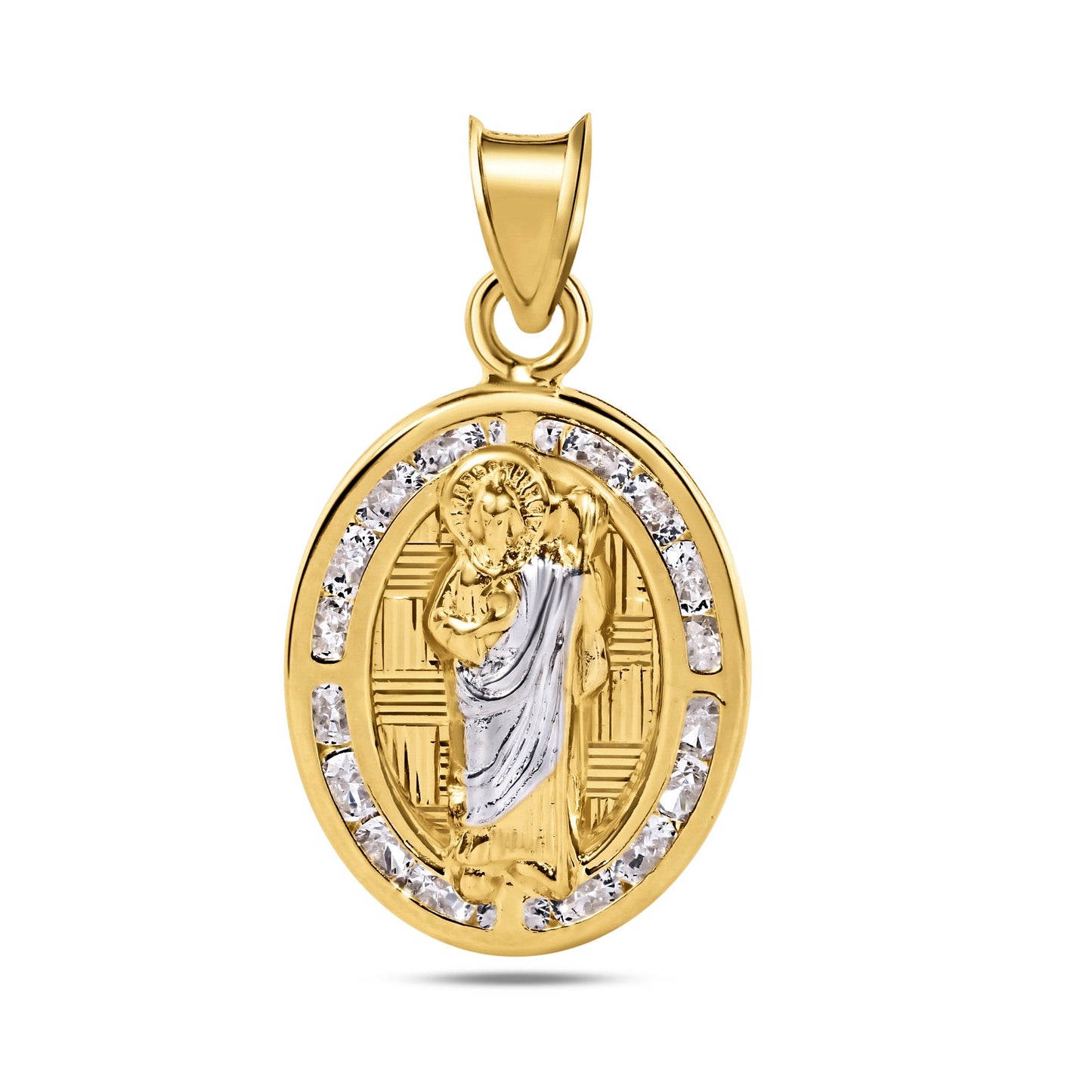 14k Yellow Gold St Saint Jude Diamond Cut Two Tone Clear CZ Thaddeus Pendant