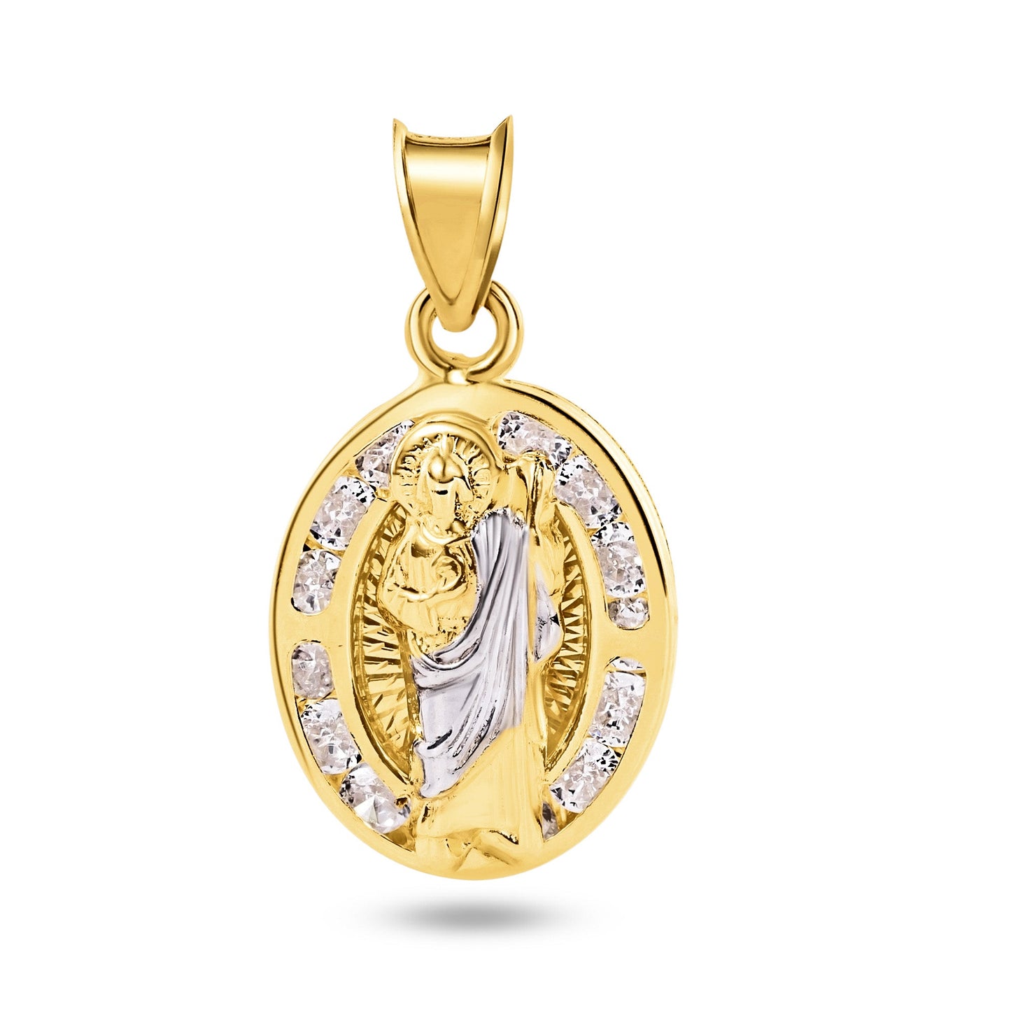 14k Yellow Gold St Saint Jude Two Tone Clear CZ Catholic Thaddeus Church Pendant