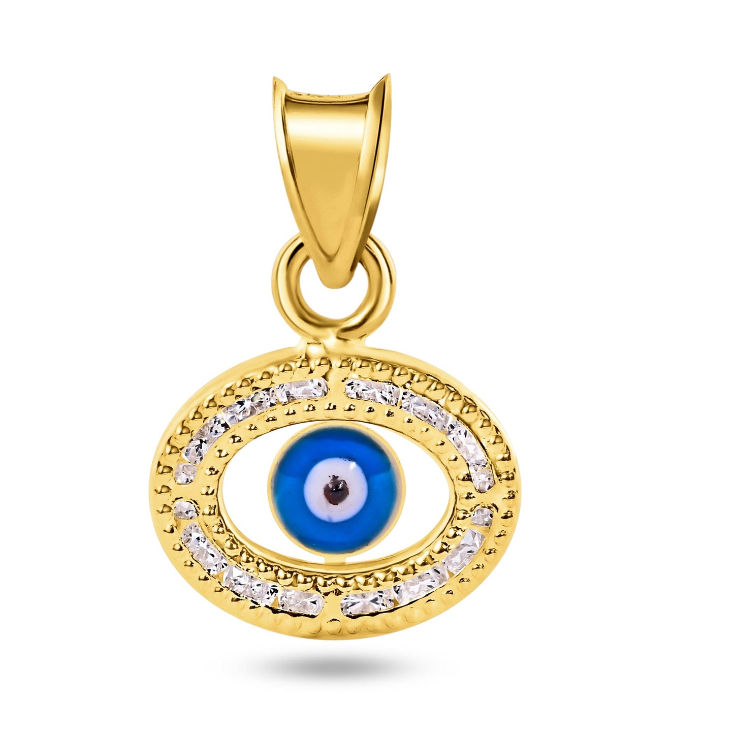 14k Yellow Gold Beaded Evil Eye Clear CZ Good Luck Halo Charm Pendant