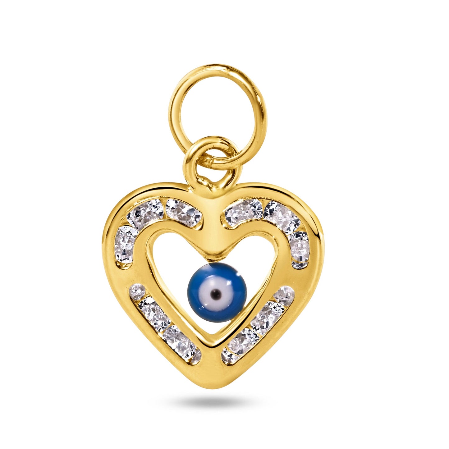 14k Yellow Gold Heart Evil Eye Clear CZ Promise Love Good Luck Charm Pendant