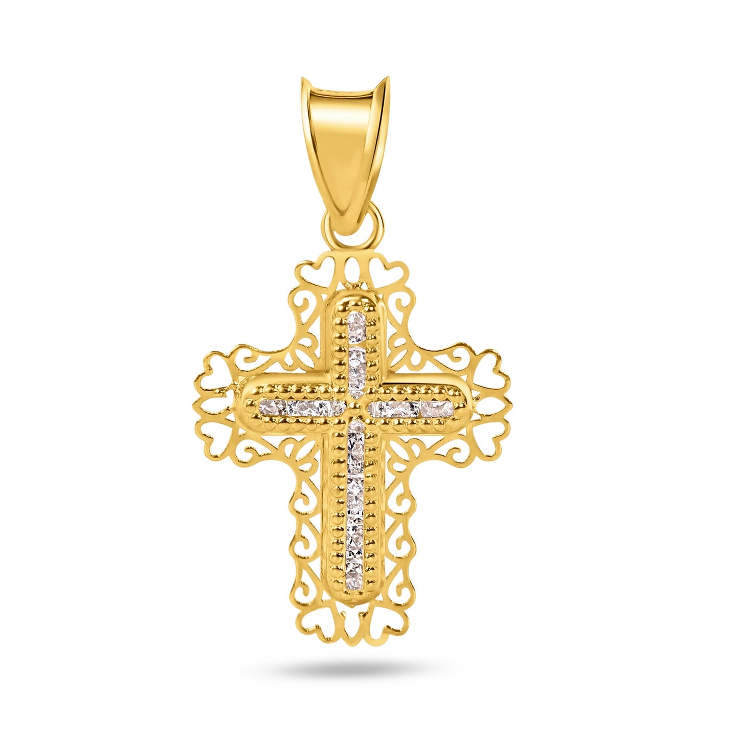 14k Yellow Gold Beaded Cross Christian Heart Cutout Clear CZ Catholic Pendant