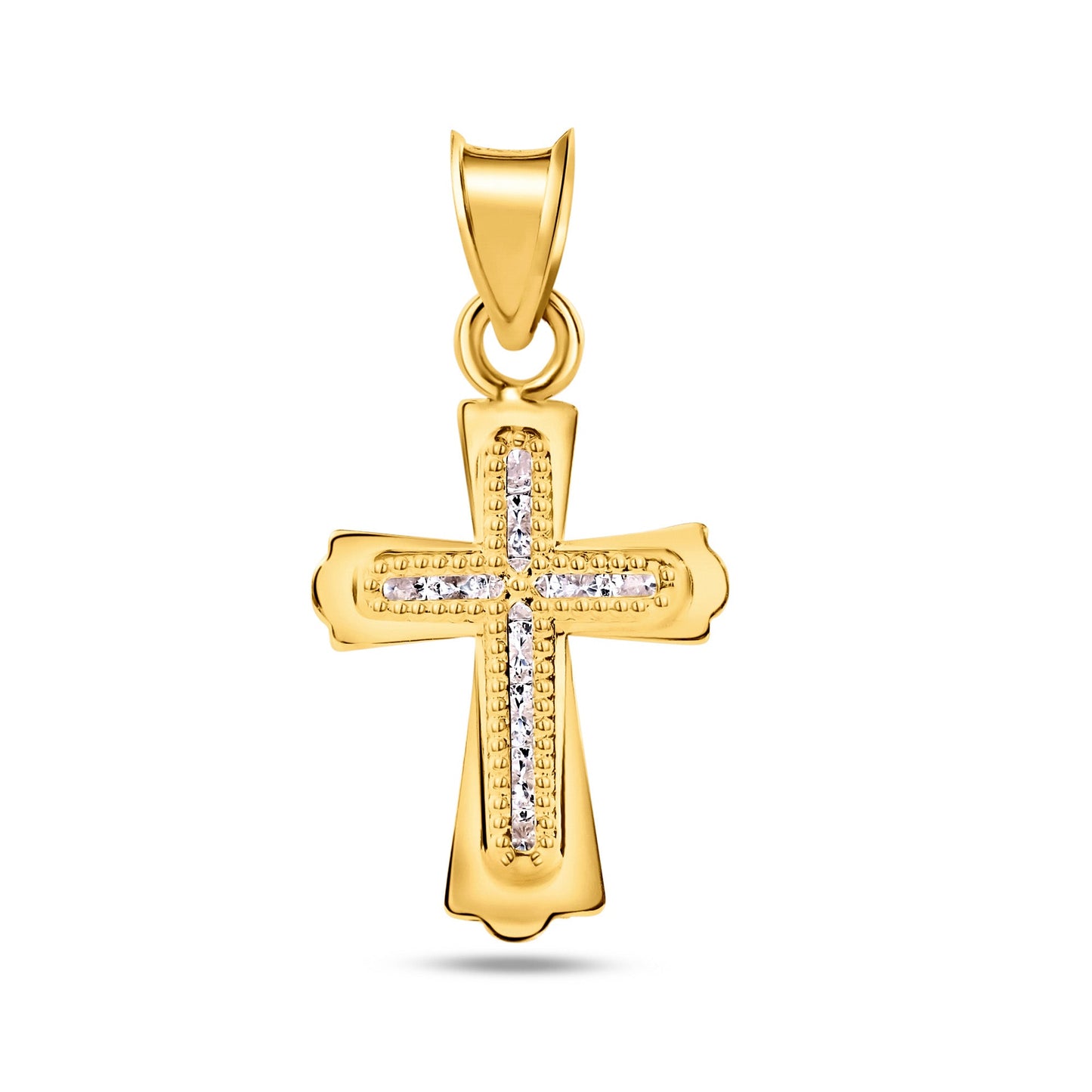 14k Yellow Gold Beaded Bordered Cross Clear CZ Christian Jesus Catholic Pendant