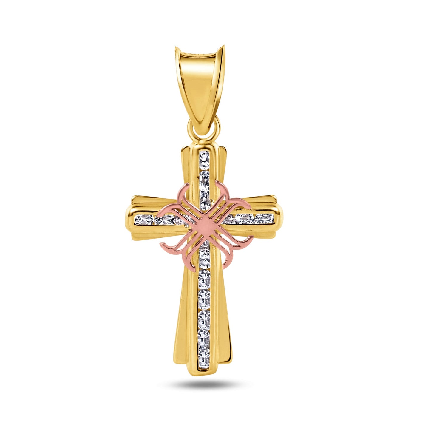 14k Gold Yellow Rose Flower Cross Two Tone Clear CZ Christian Crucifix Pendant