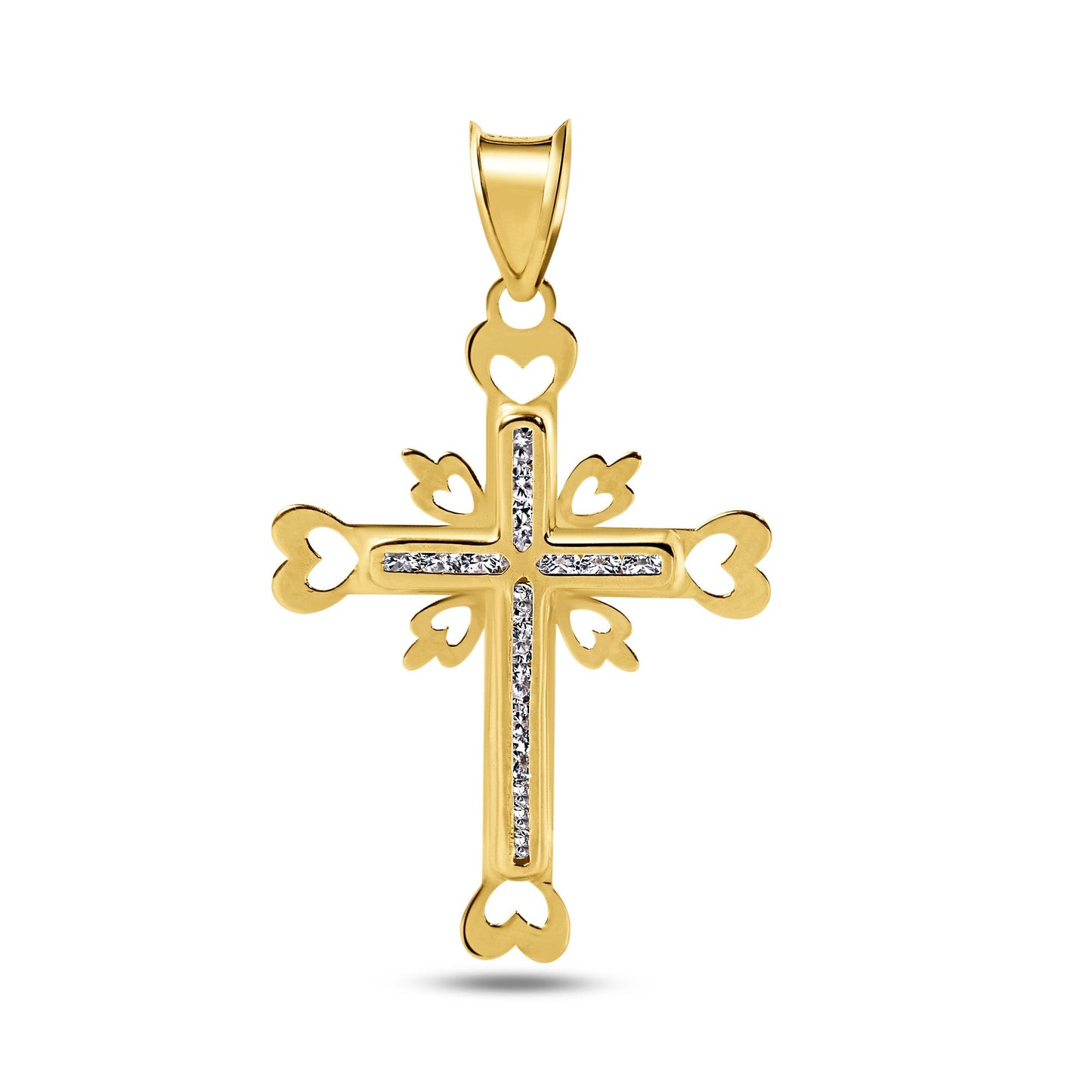 14k Yellow Gold Cross Heart Cutout Clear CZ Promise Jesus Catholic Pendant