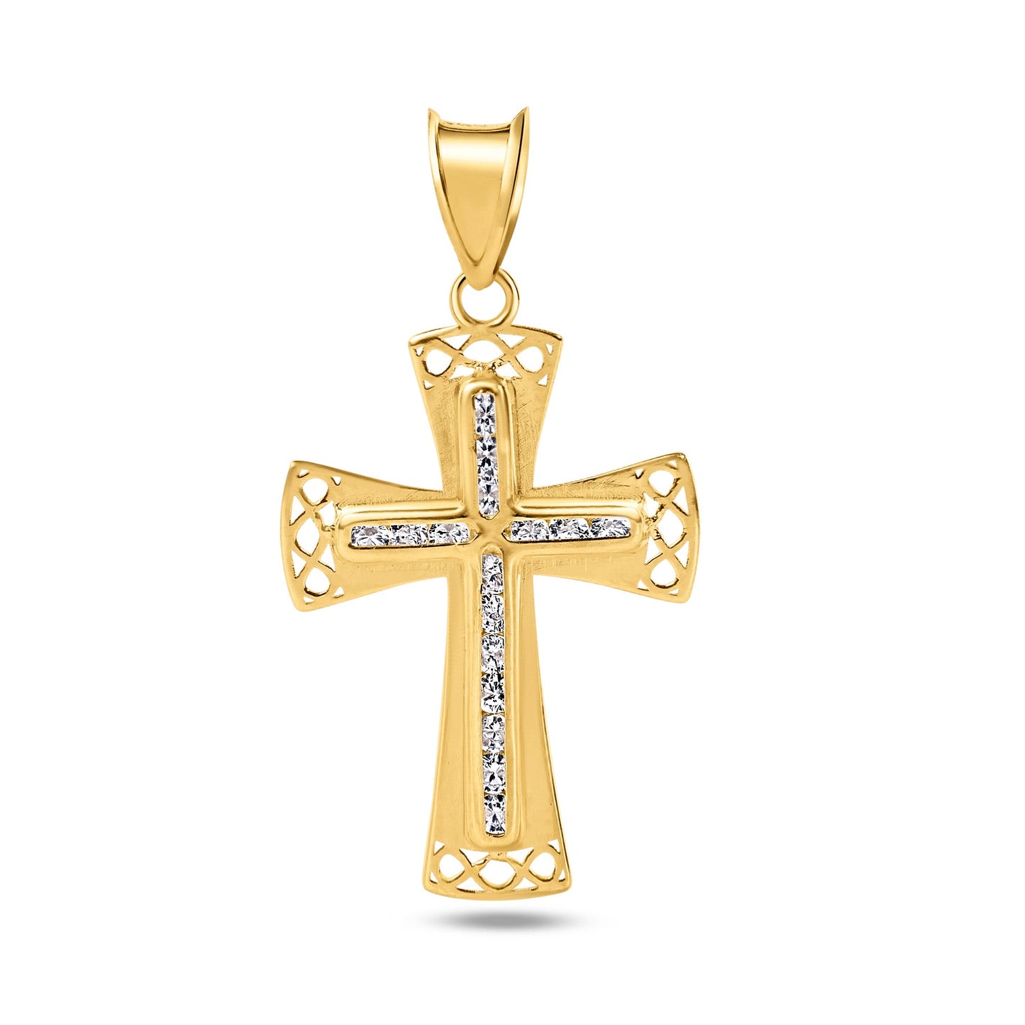 14k Yellow Gold Bordered Cross Clear CZ Christian Catholic Jesus Love Pendant
