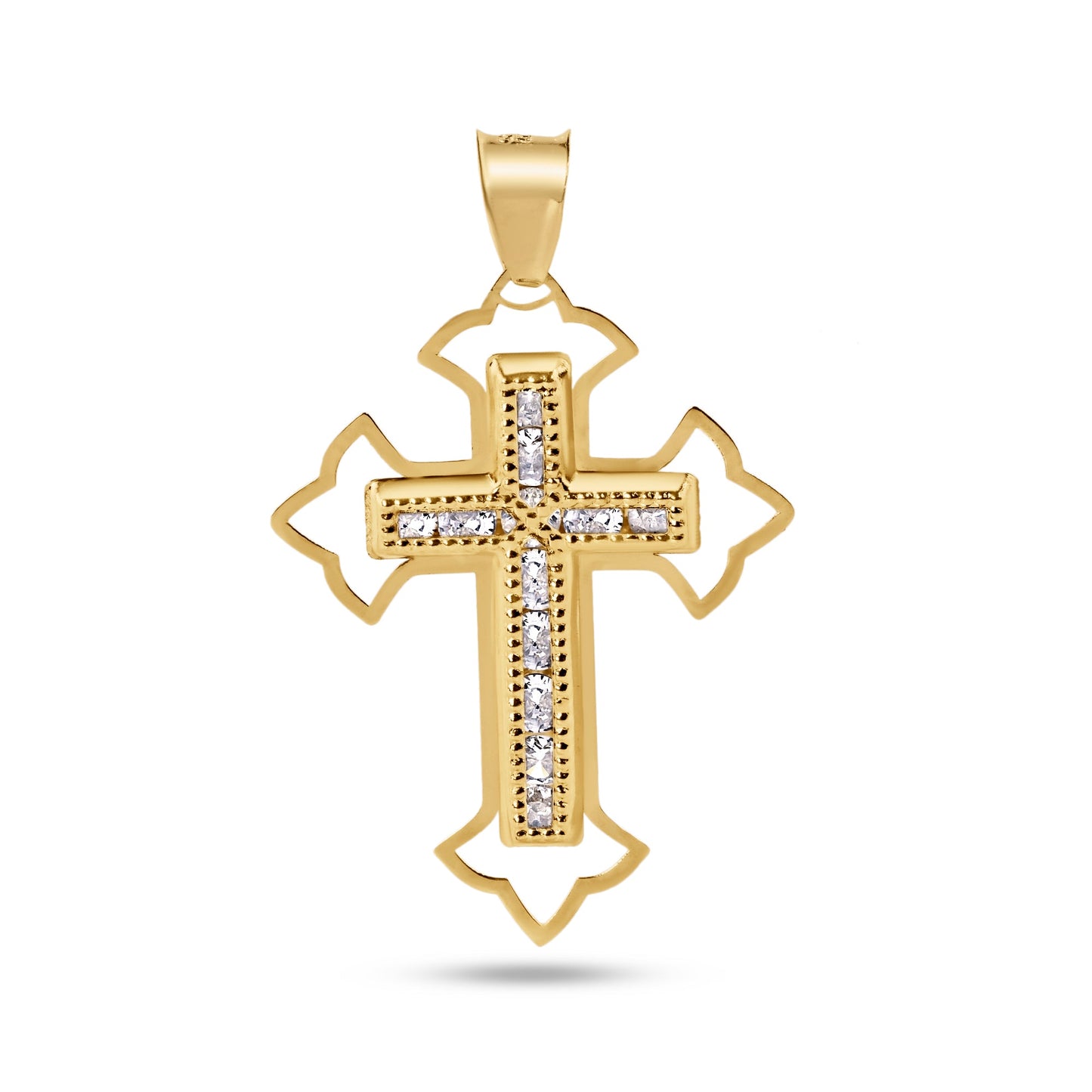 14k Yellow Gold Bordered Cross Baguette Clear CZ Christian Crucifix Pendant