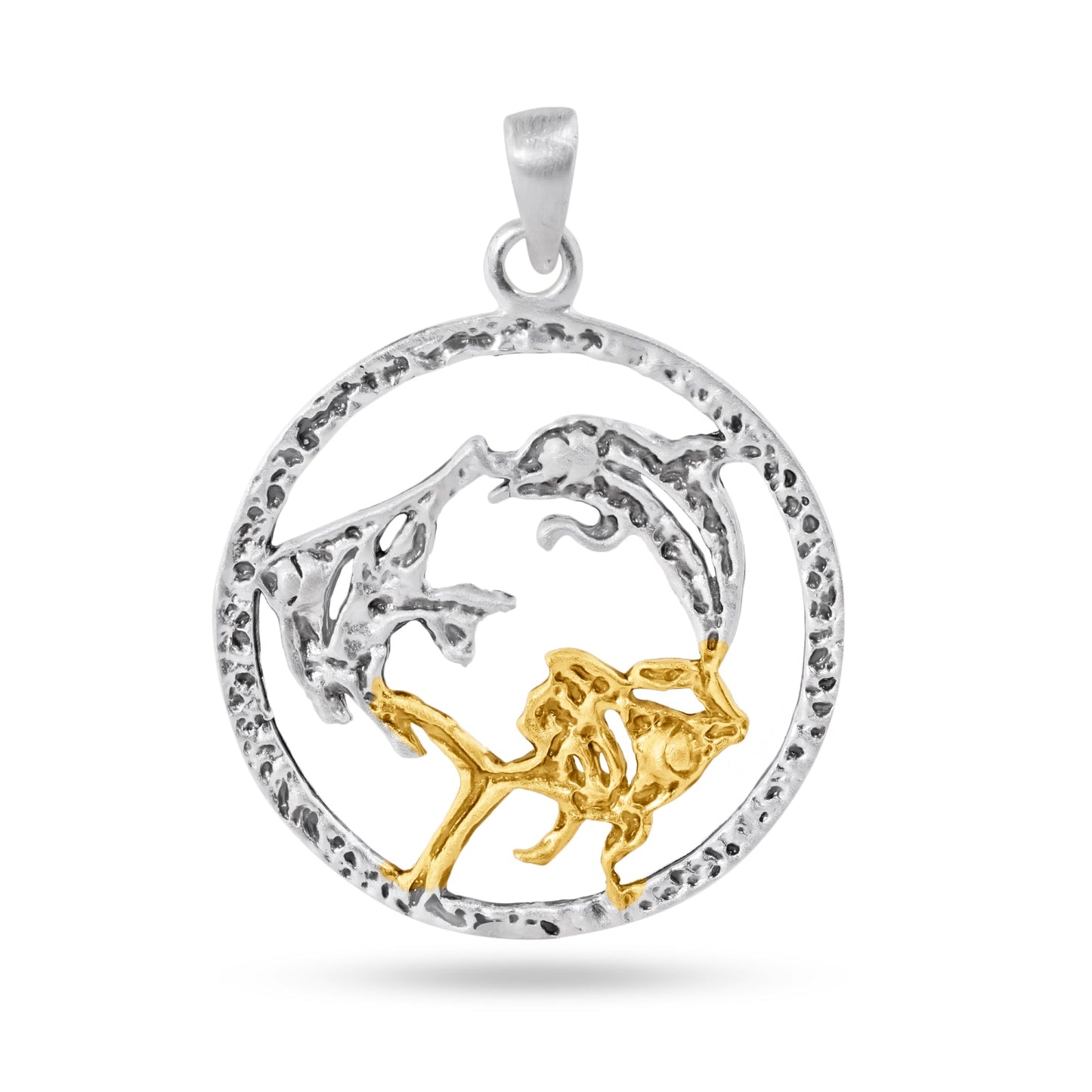 Sterling Silver Matte Finish 2 Toned Open Disc Fish Design Animal Charm Pendant