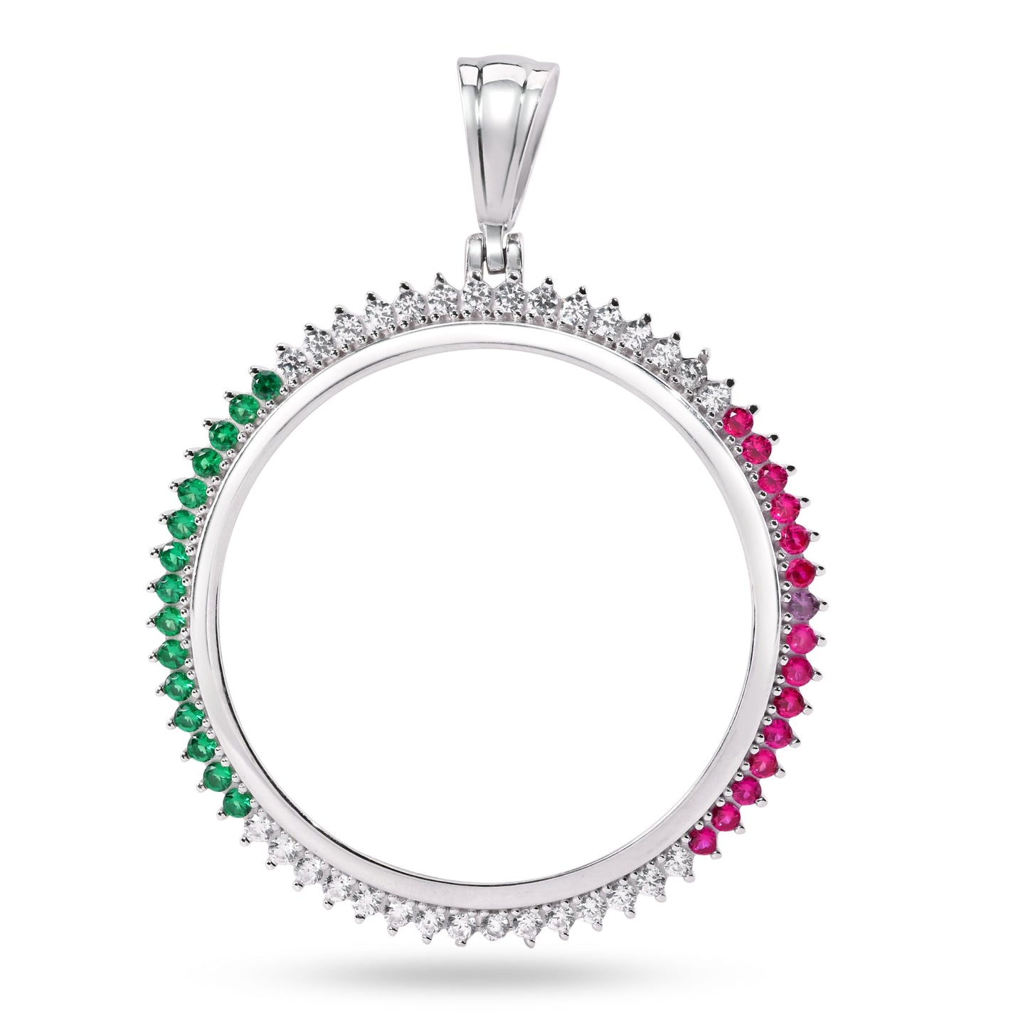 Rhodium Plated 925 Sterling Silver Bezel for Coin Clear Green and Red CZ Pendant