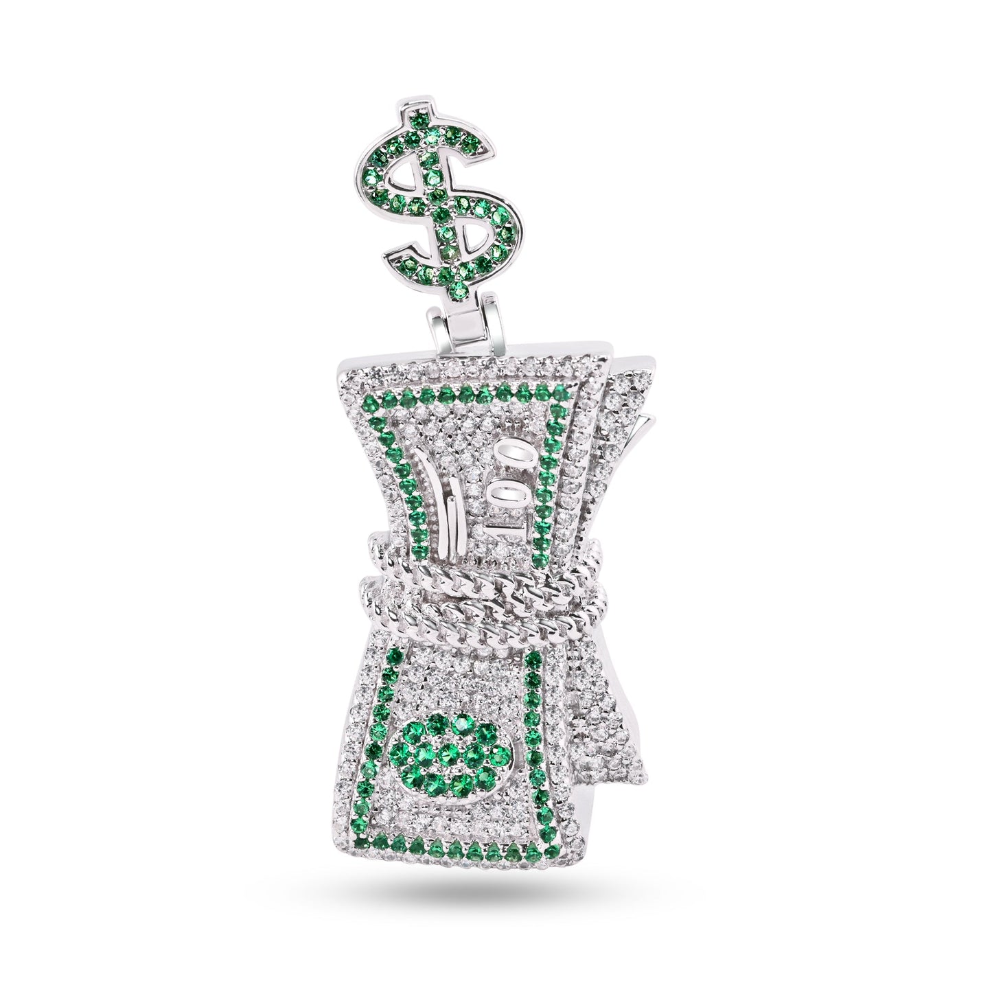 Rhodium Plated 925 Sterling Silver Bundle of Cash CZ Money $ Dollar Bill Pendant