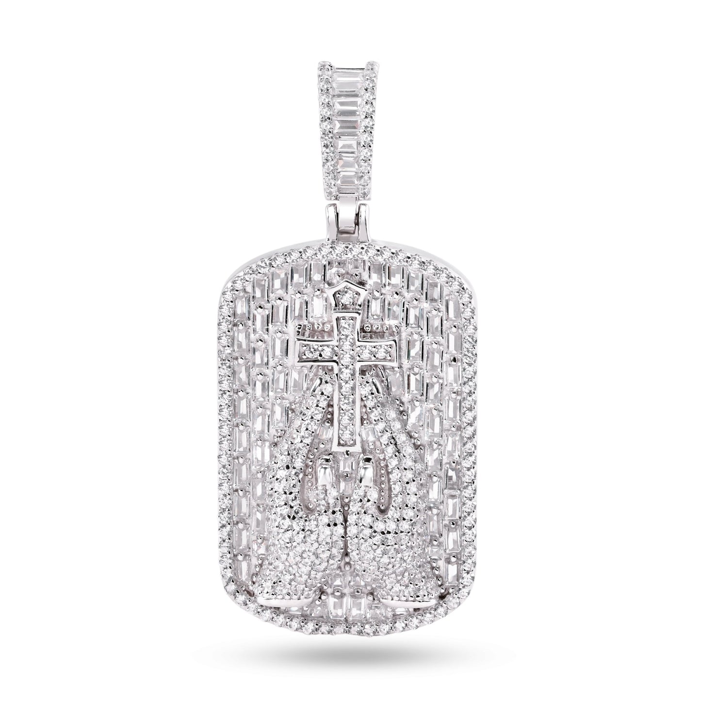 Rhodium Plated 925 Sterling Silver Praying Hands Cross Clear CZ Dogtag Pendant