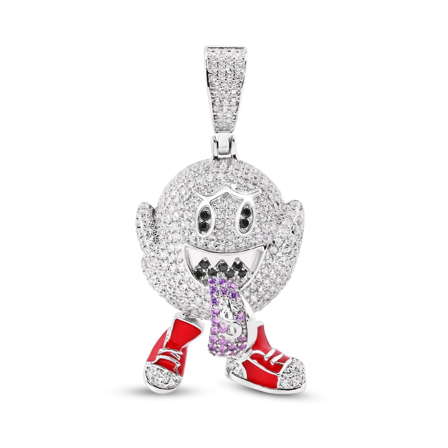 Rhodium Plated 925 Sterling Silver Ghost Tounge Out Clear Money $ CZ Pendant
