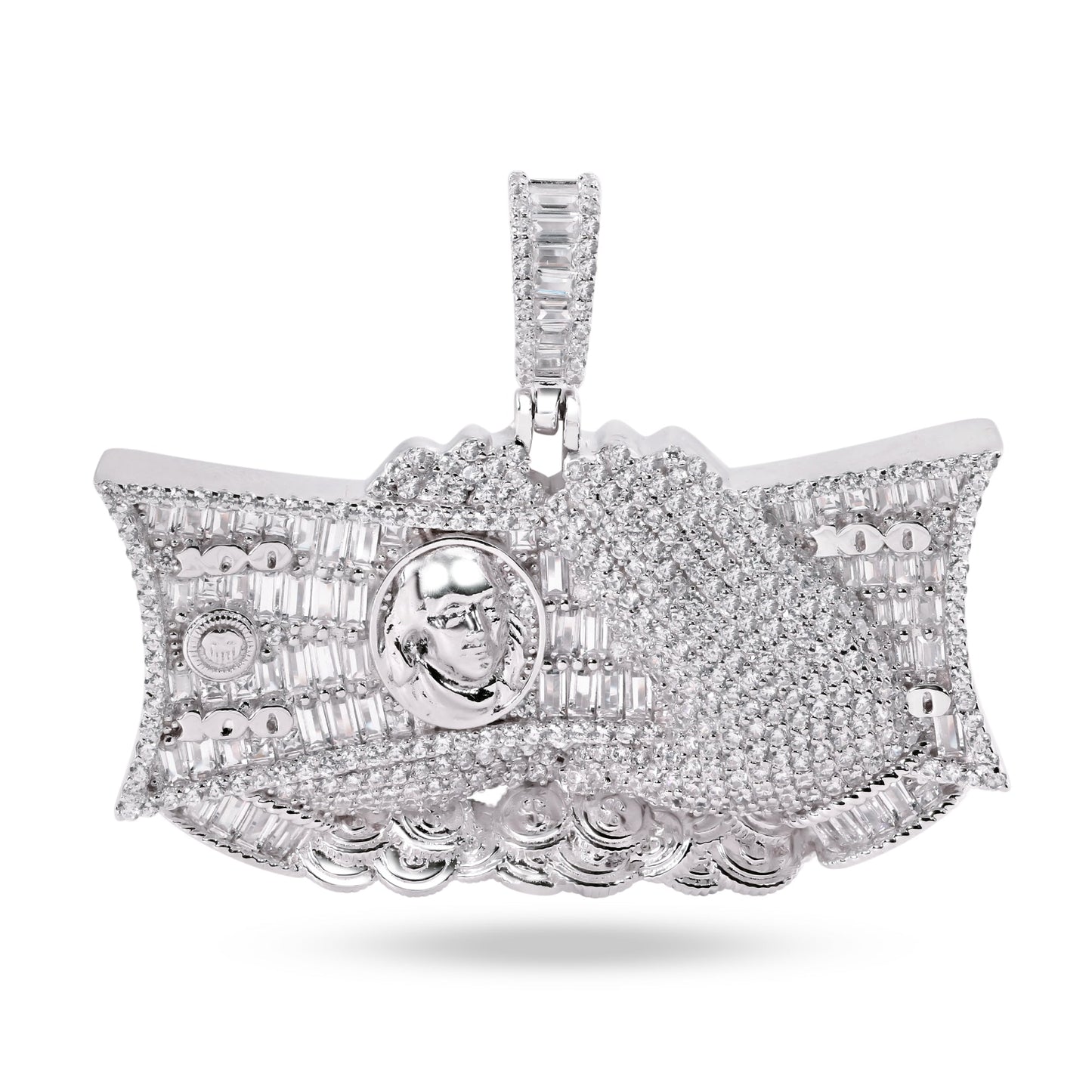 Rhodium Plated 925 Sterling Silver Dollar Bill Cash Money CZ Franklin $ Pendant