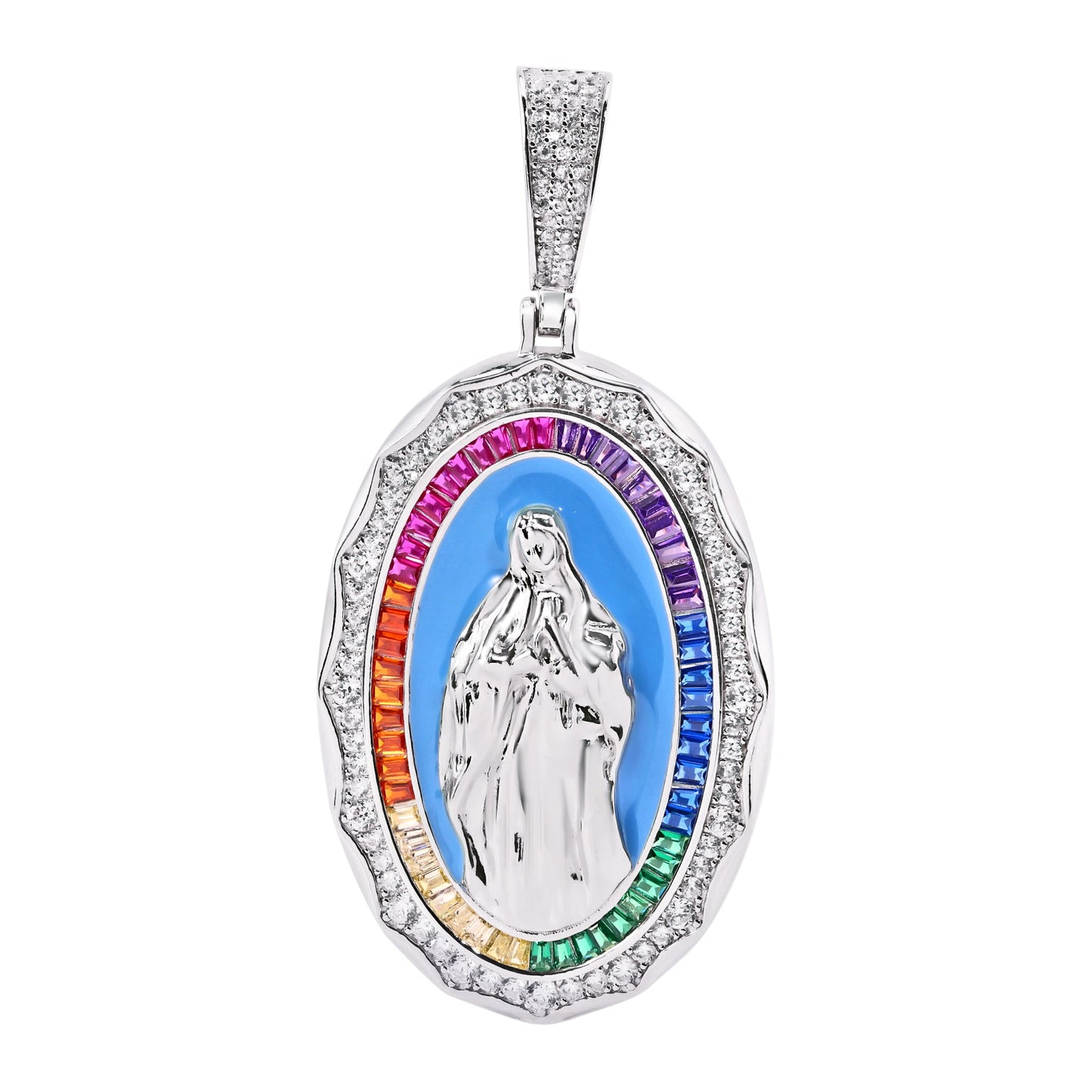 Rhodium Plated 925 Sterling Silver Virgin Mother Mary Jesus Baguette CZ Pendant