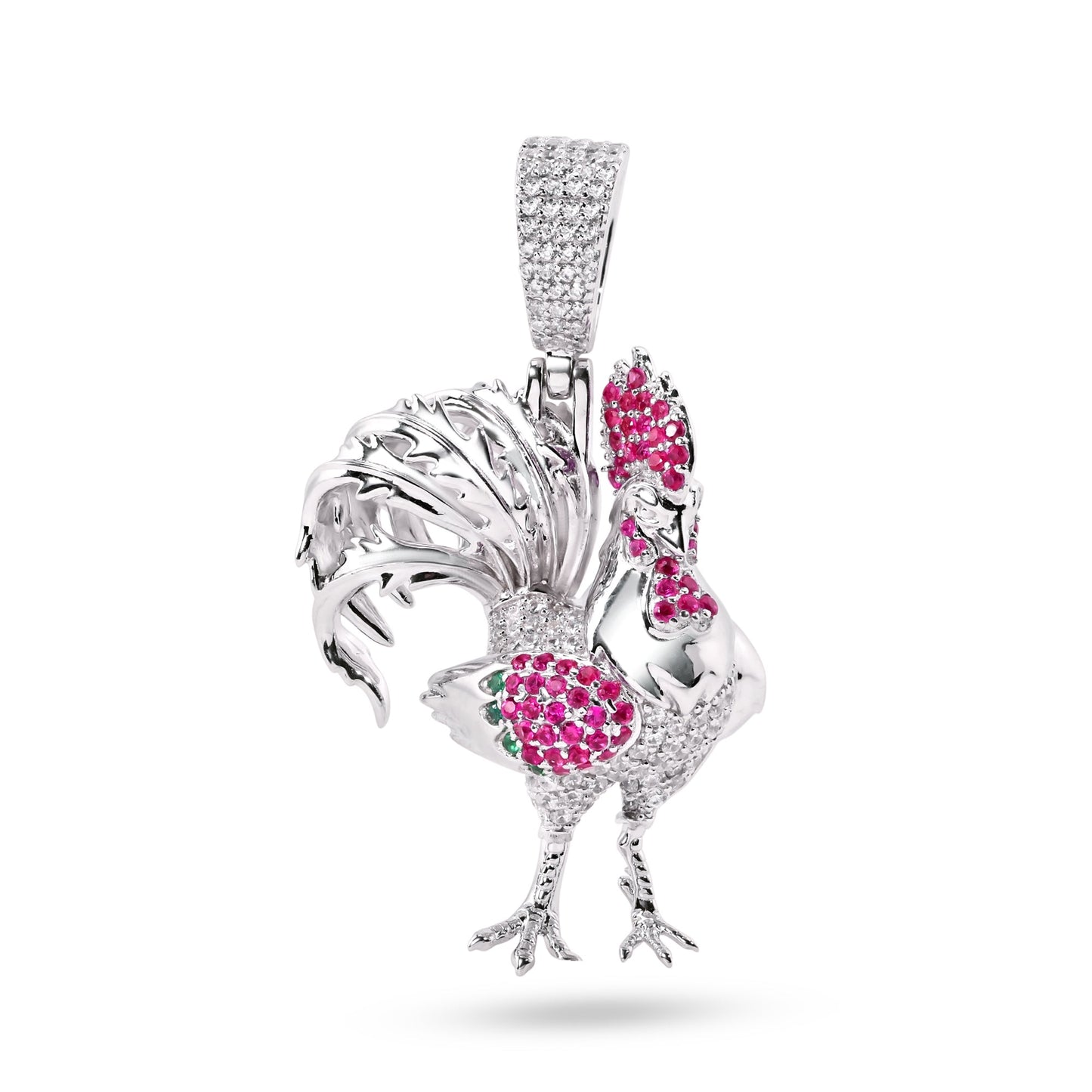 Rhodium Plated 925 Sterling Silver Rooster Red CZ Animal Farm Chicken Pendant