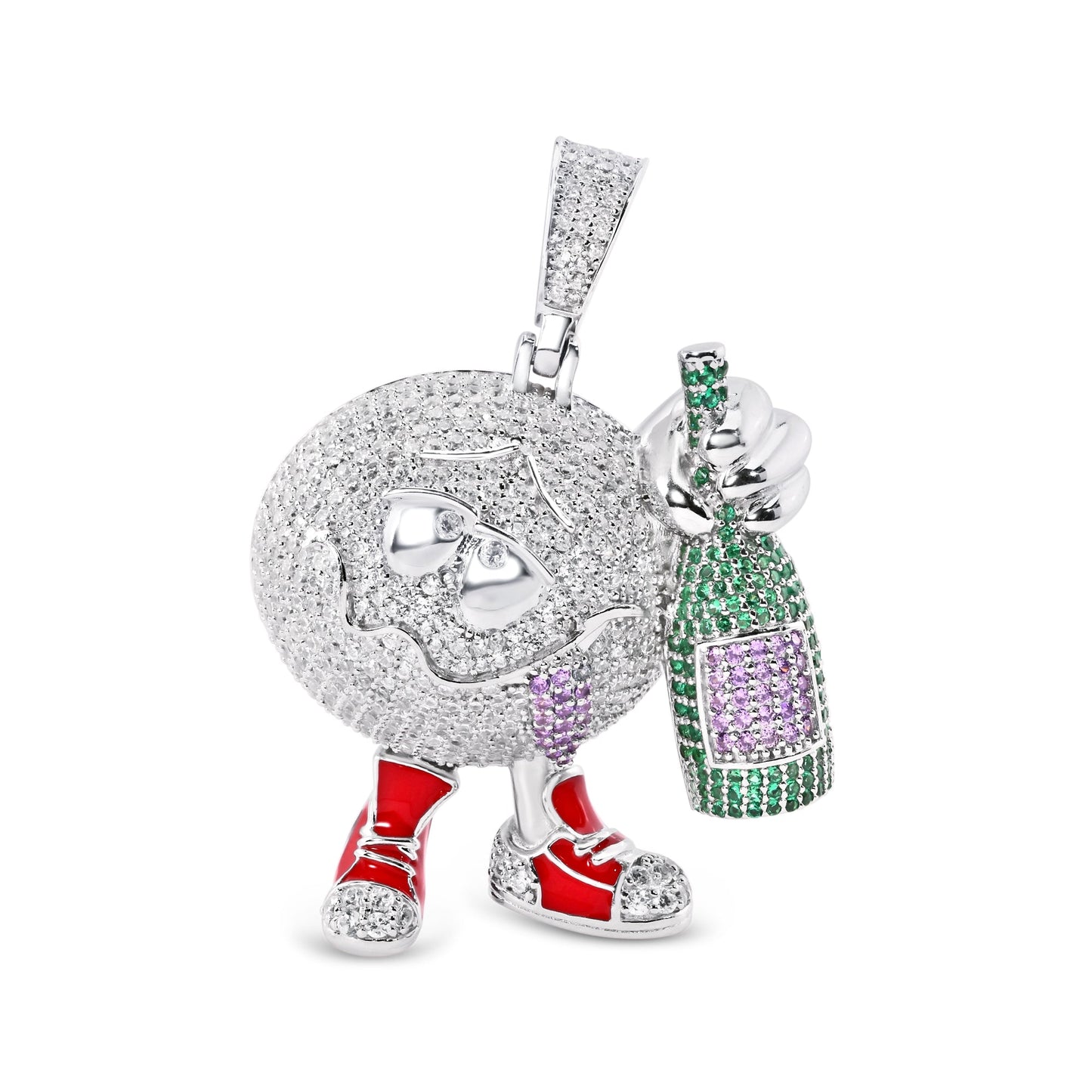Rhodium Plated 925 Sterling Silver Drunk Wine Bottle CZ Red Shoes Enamel Pendant