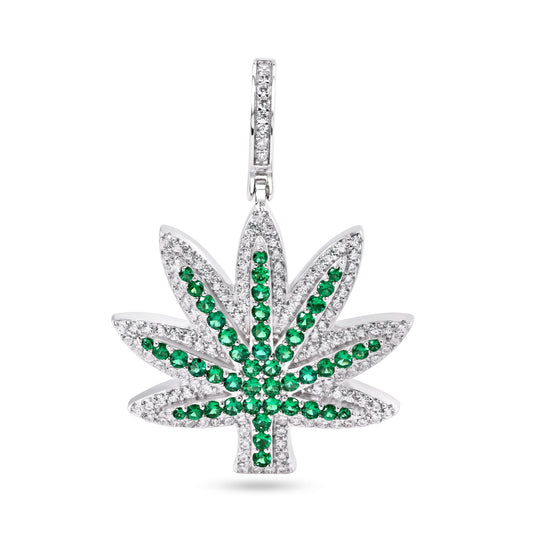 Rhodium Plated 925 Sterling Silver Marijuana Cannabis Green Leaf Weed CZ Pendant