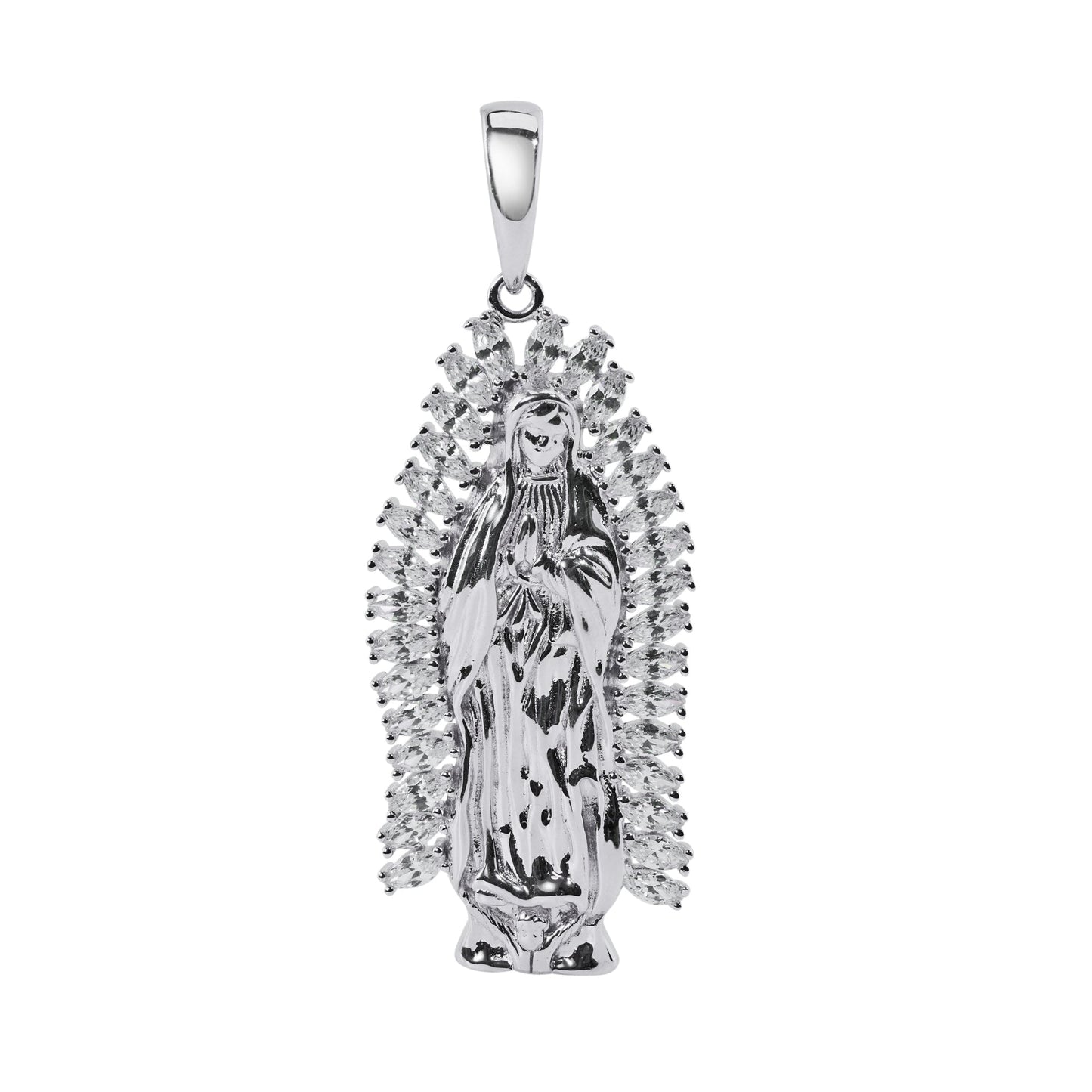 Rhodium Plated 925 Sterling Silver Our Lady Of Guadalupe Baguette CZ Pendant